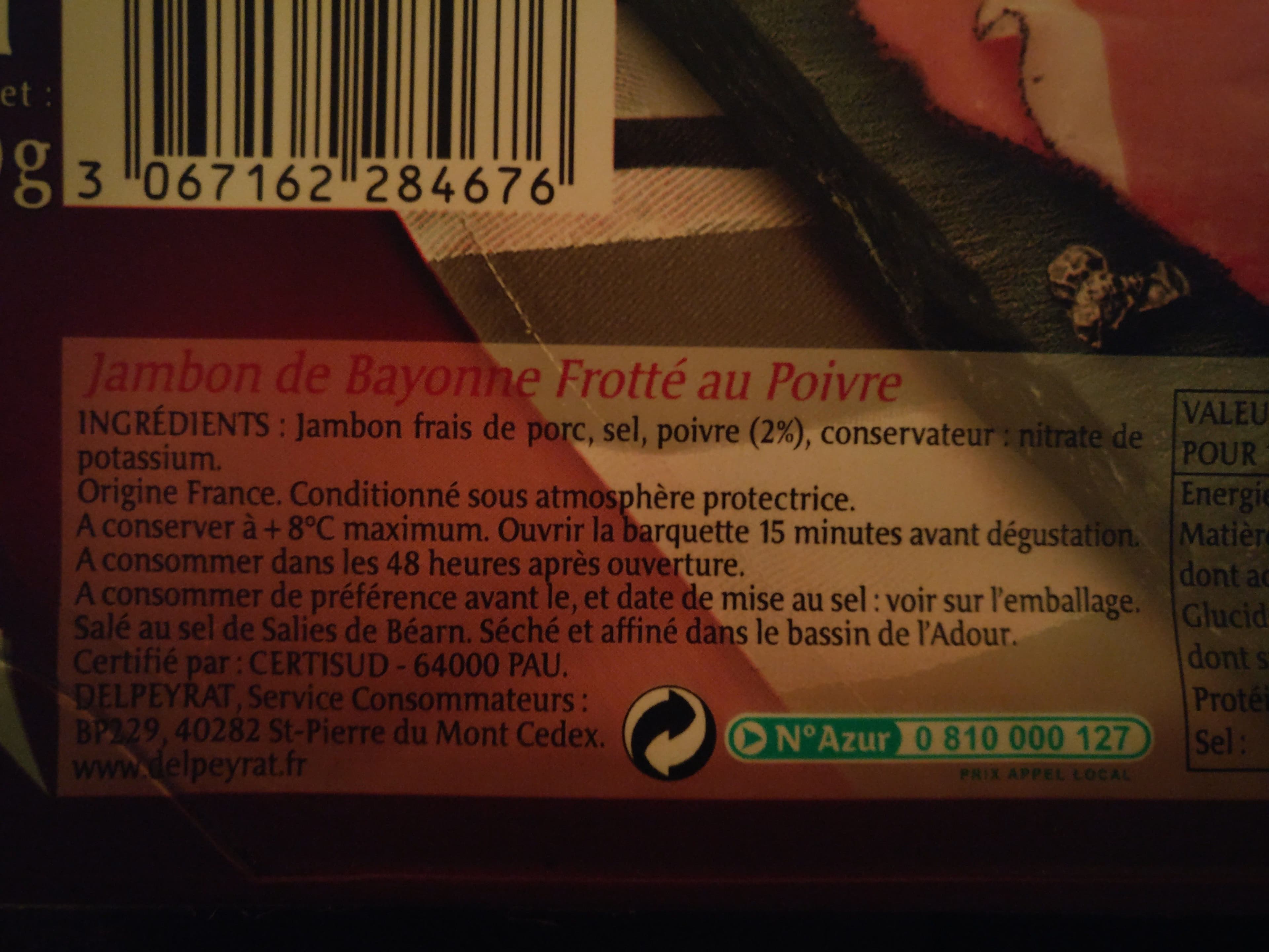 Delpeyrat Delpeyrat Jambon bayonne frotte au poivre 4 tranches packshot