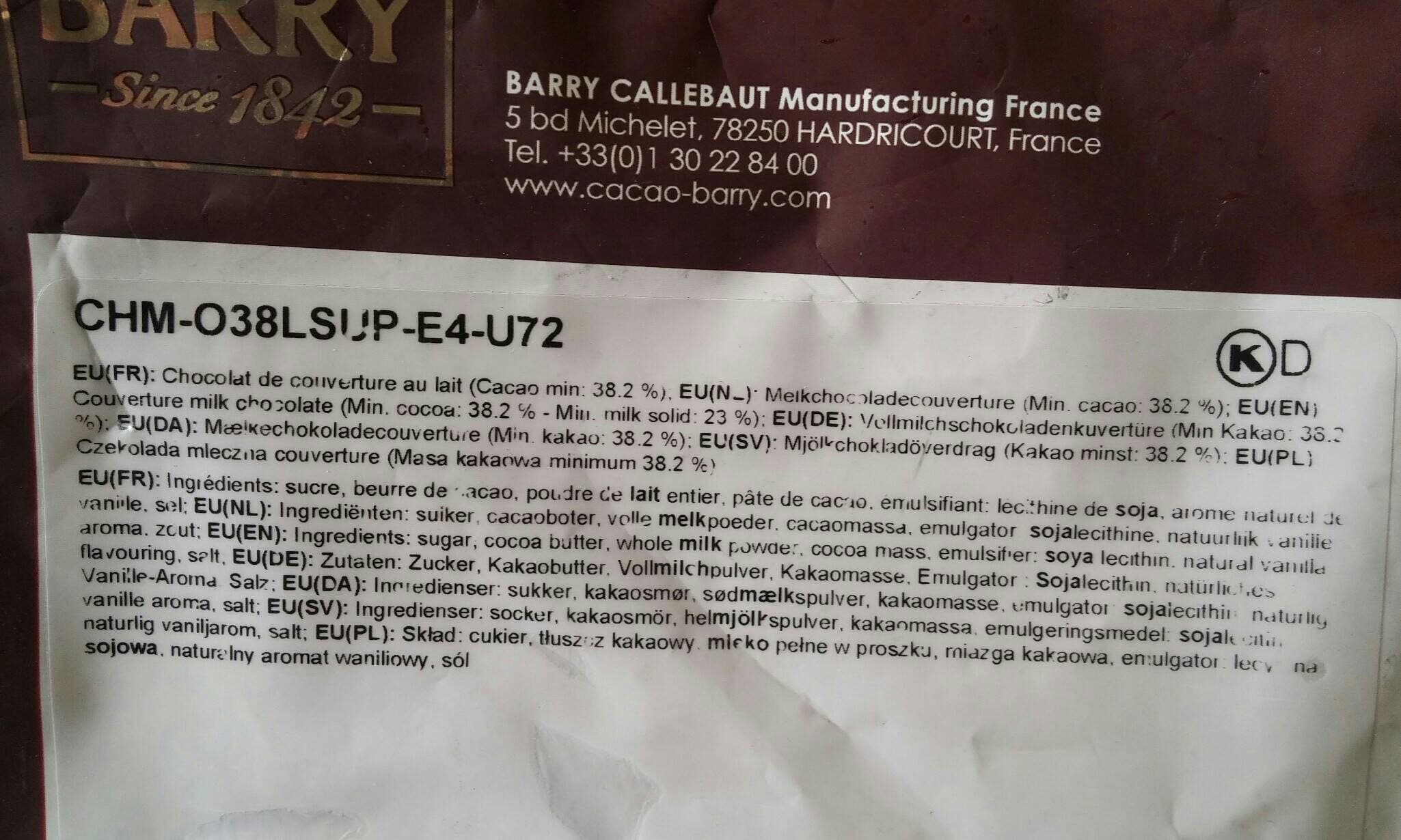 Barry Chocolat de couverture au lait packshot