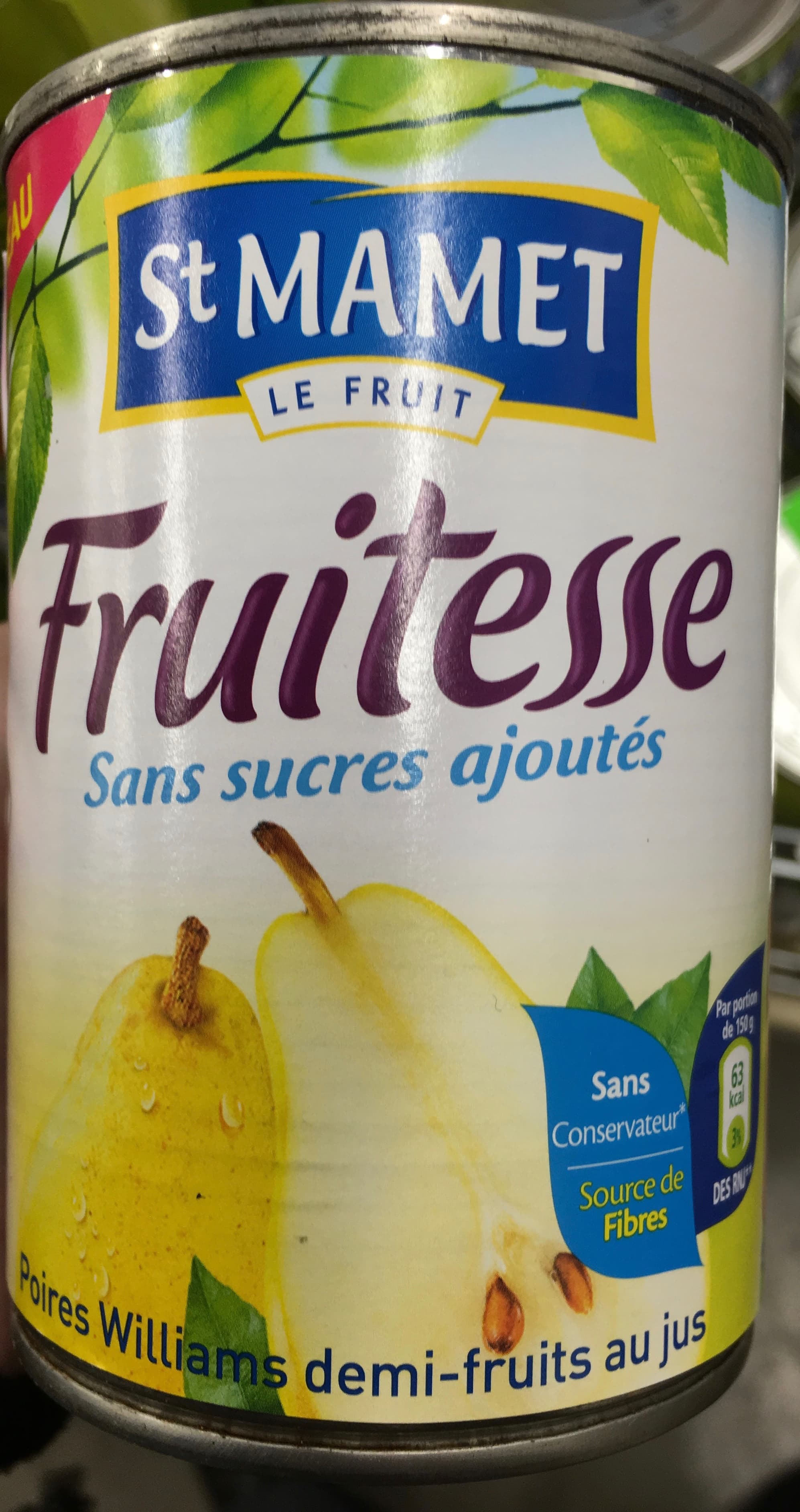 St Mamet Fruitesse Poires Williams demi-fruits au jus packshot