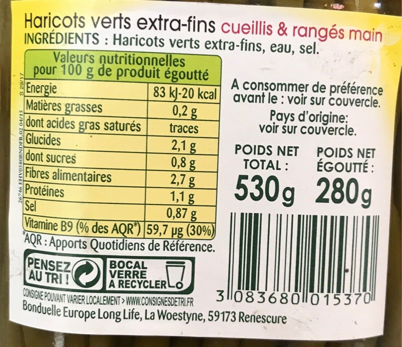 Bonduelle Haricots verts XF Cueilli 58cl packshot