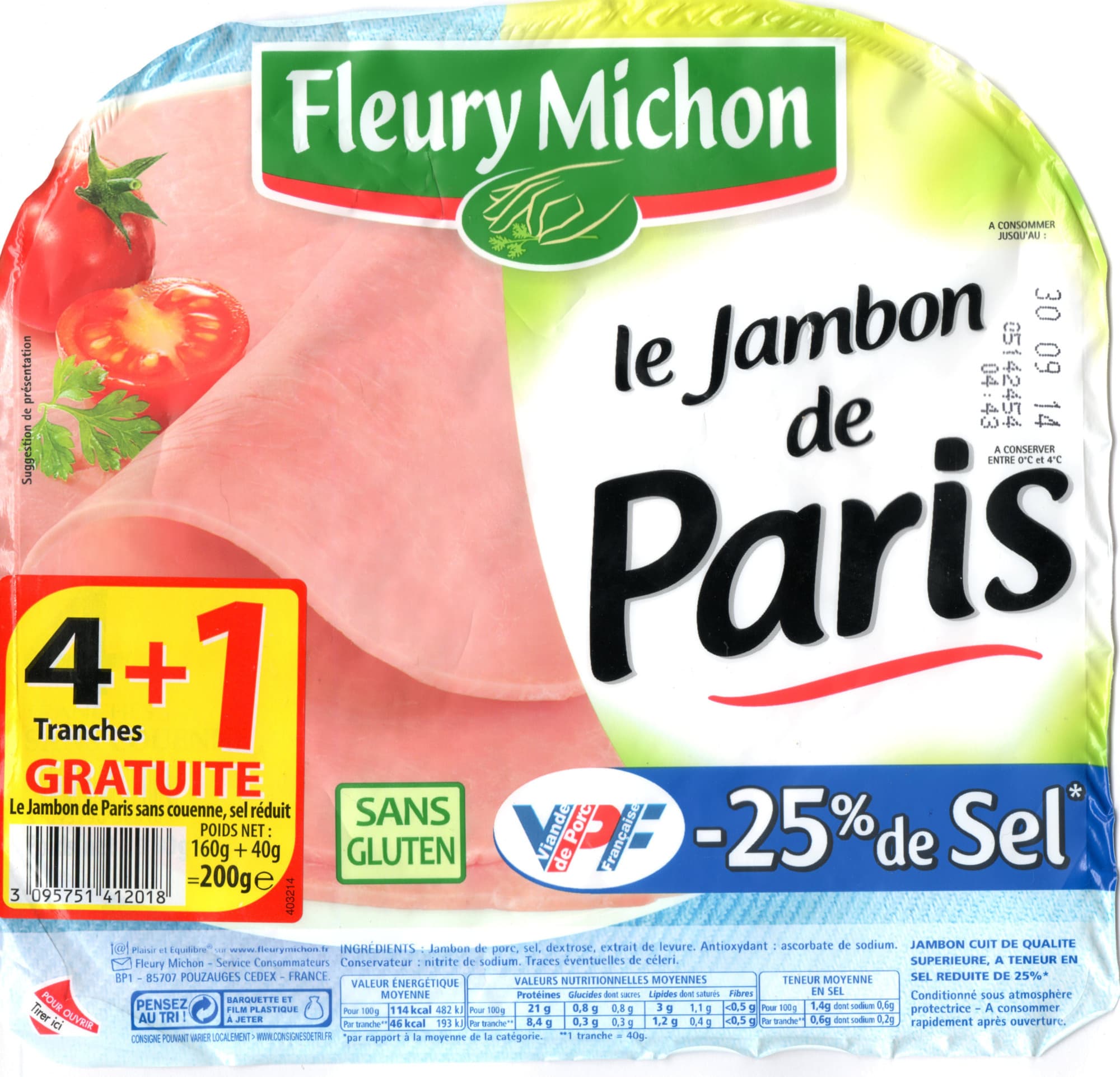 Fleury Michon Le Jambon de Paris (- 25 % de Sel) 4 Tranches +1 Gratuite packshot