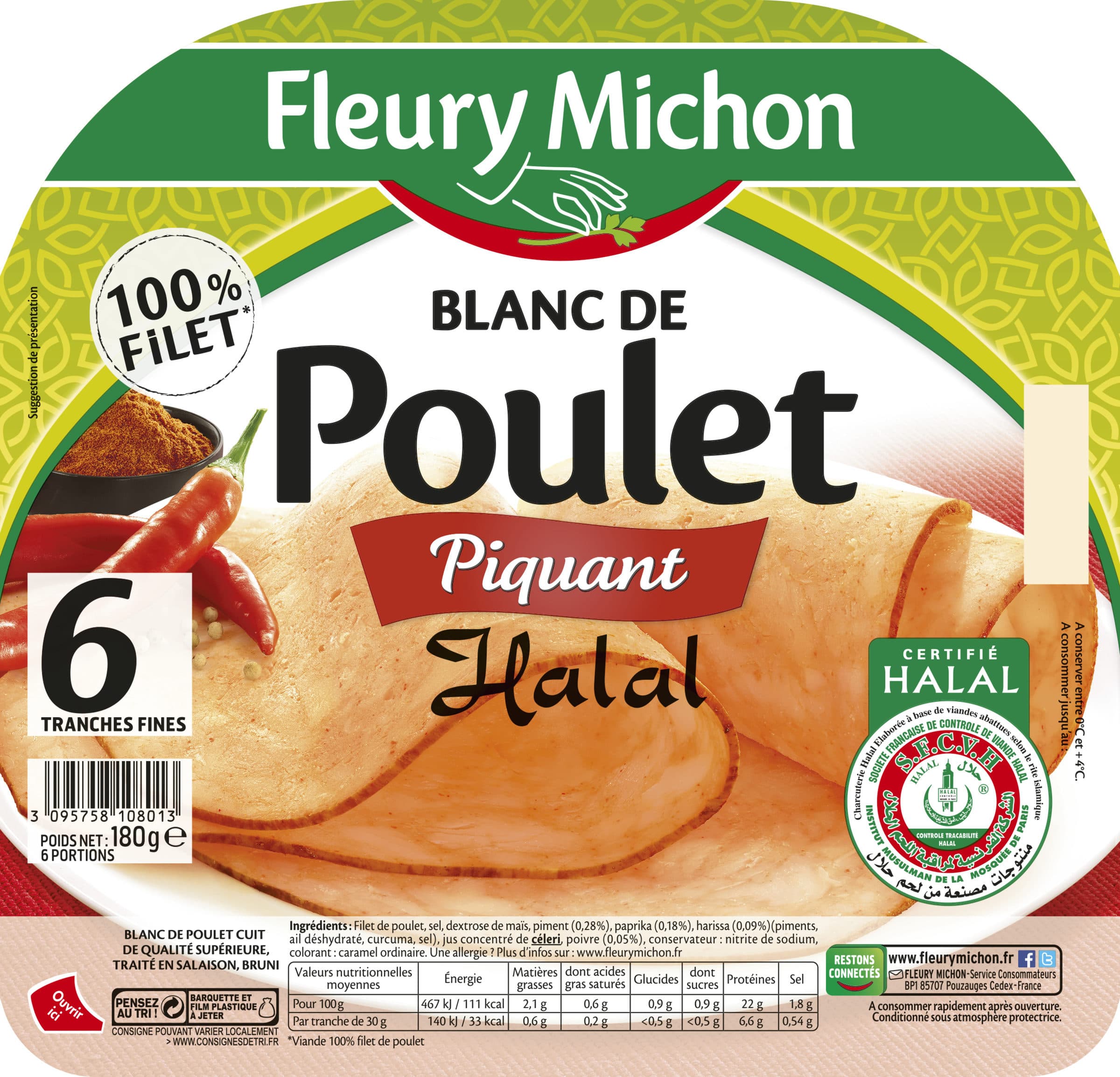 Fleury Michon Blanc de poulet piquant Halal - 6 tranches packshot