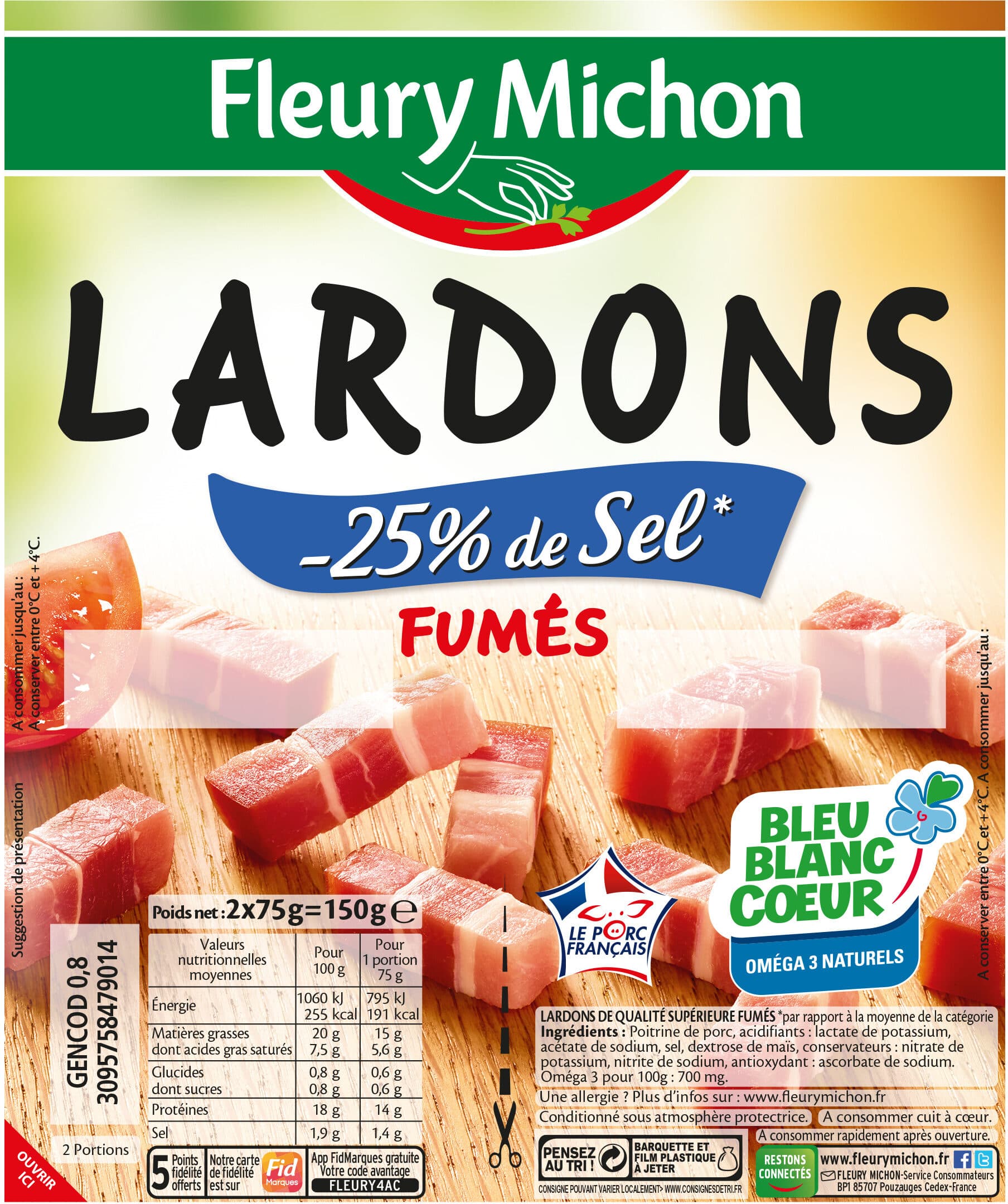 Fleury Michon Lardons fumés - 25 % de sel* - 2x75g packshot