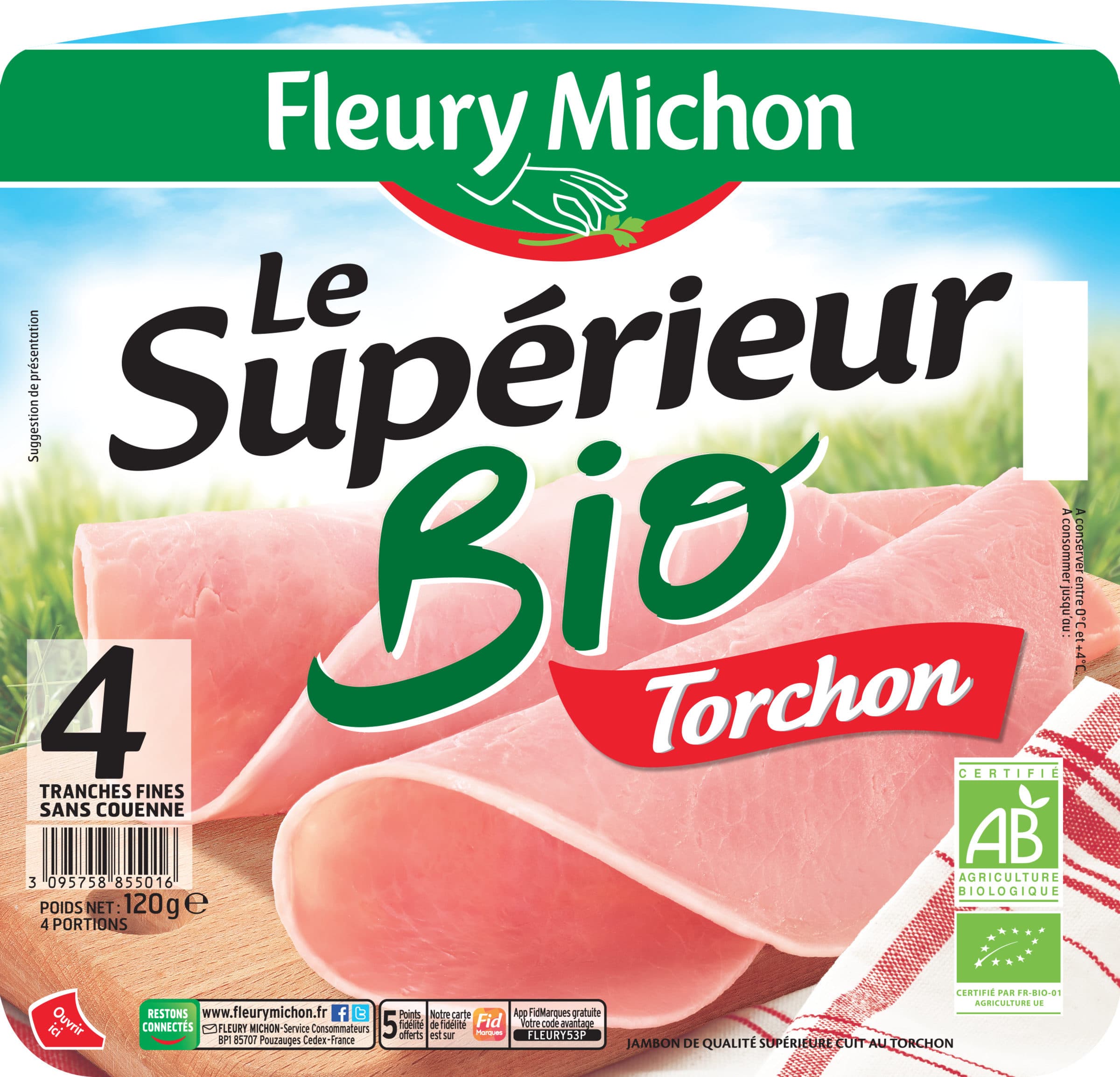 Fleury Michon Le jambon bio torchon - 4 tranches fines sans couenne packshot