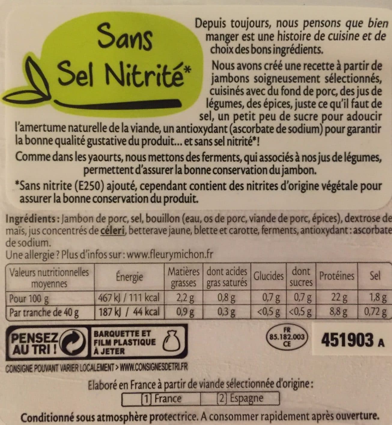 Fleury Michon Jambon le superieur sans sel nitrité, sans couenne packshot