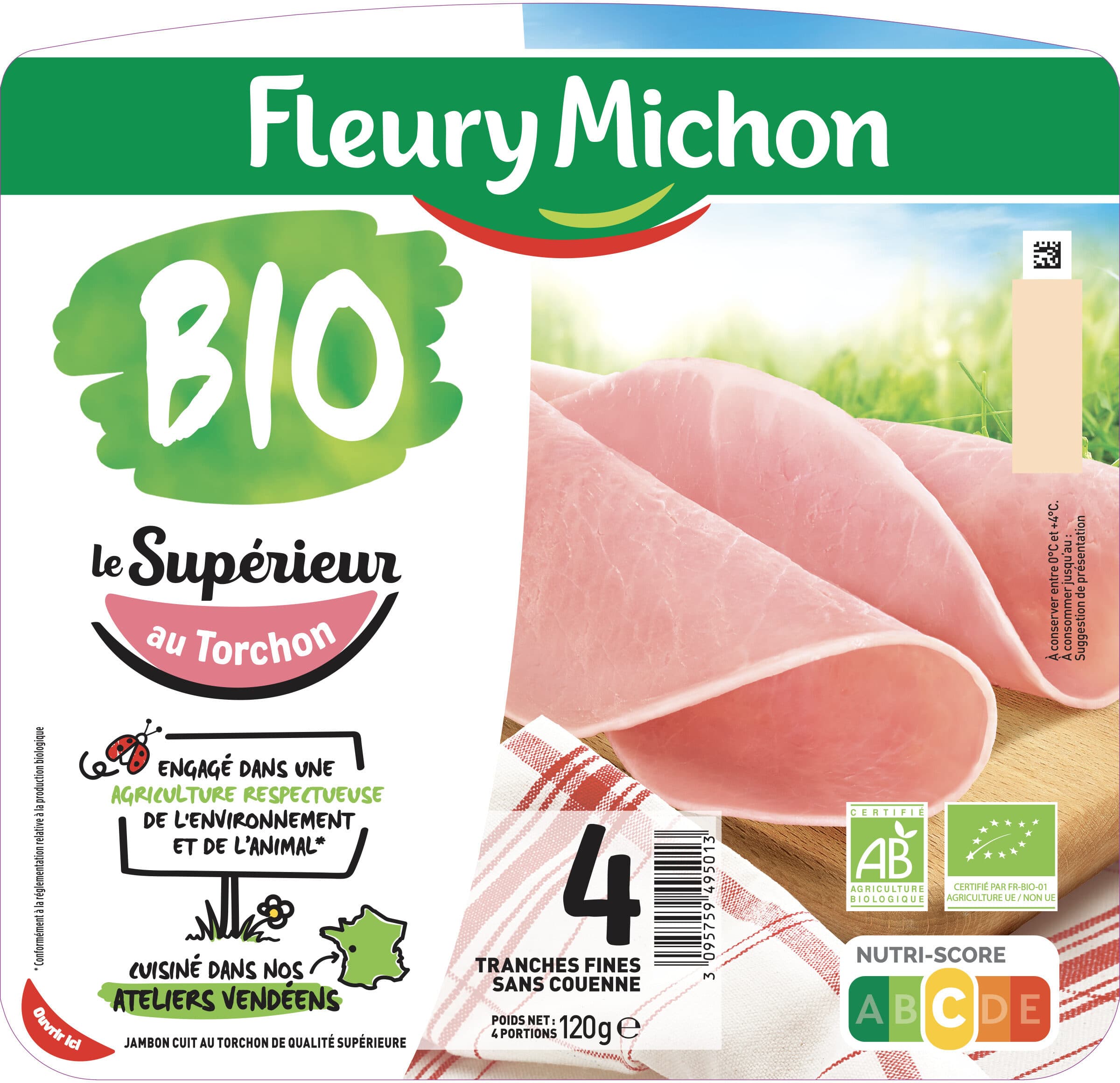 Fleury Michon Le jambon bio torchon - 4 tranches fines sans couenne packshot