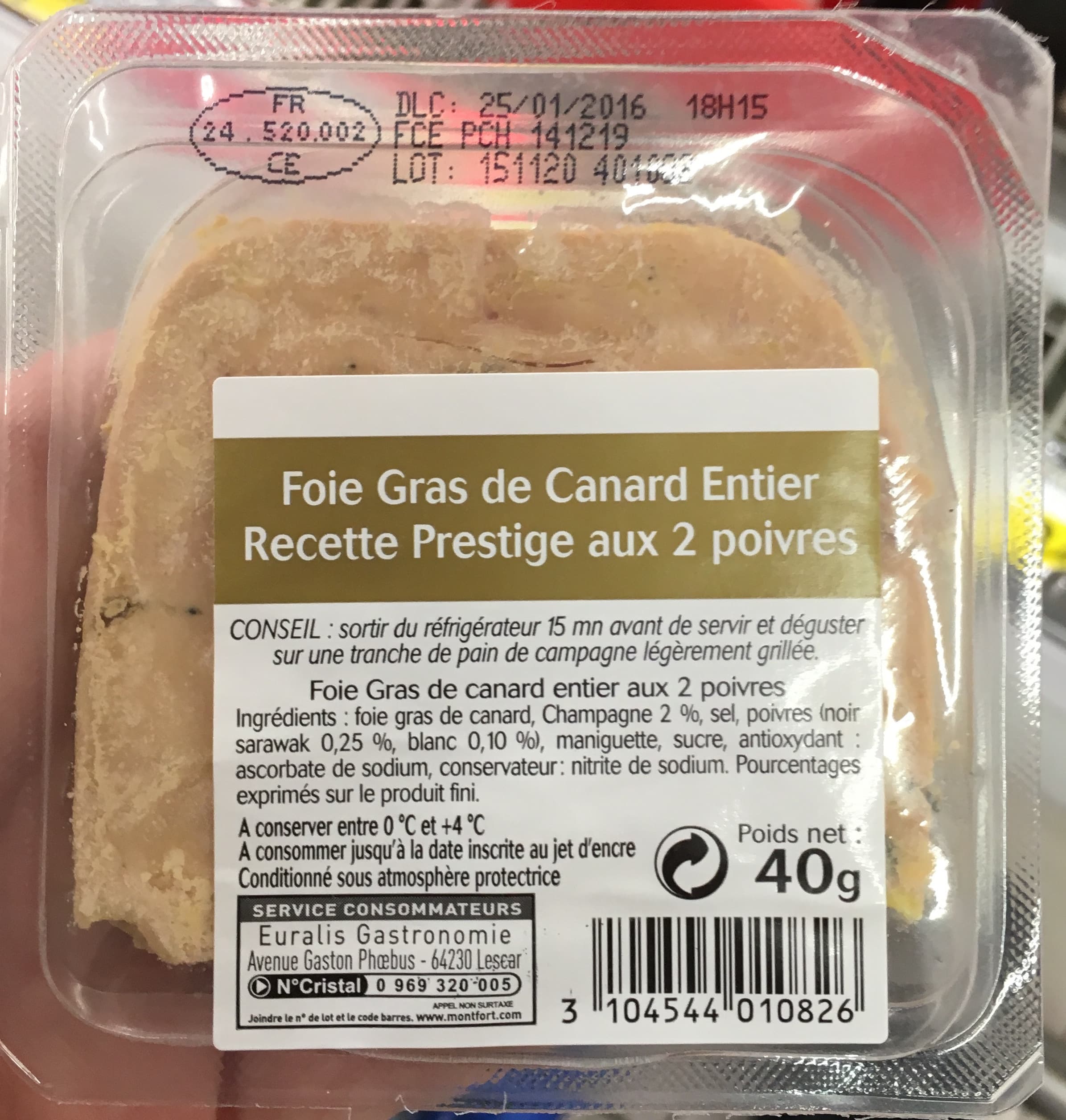 Euralis Gastronomie Foie gras de Canard entier Recette Prestige aux 2 poivres packshot