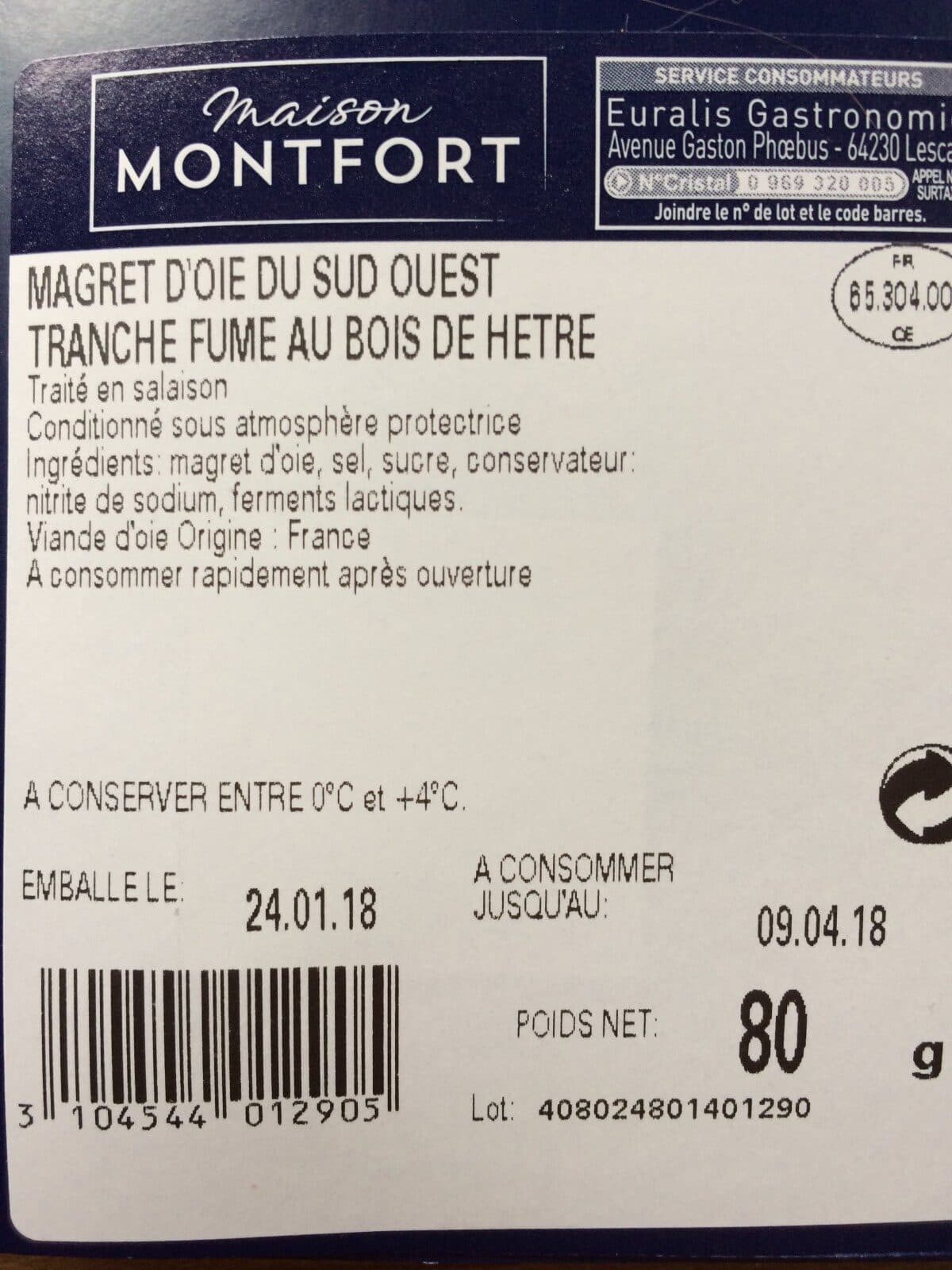 Maison Montfort Magret Oie Fumé Monfort 80 Gr, 1 Pièce packshot