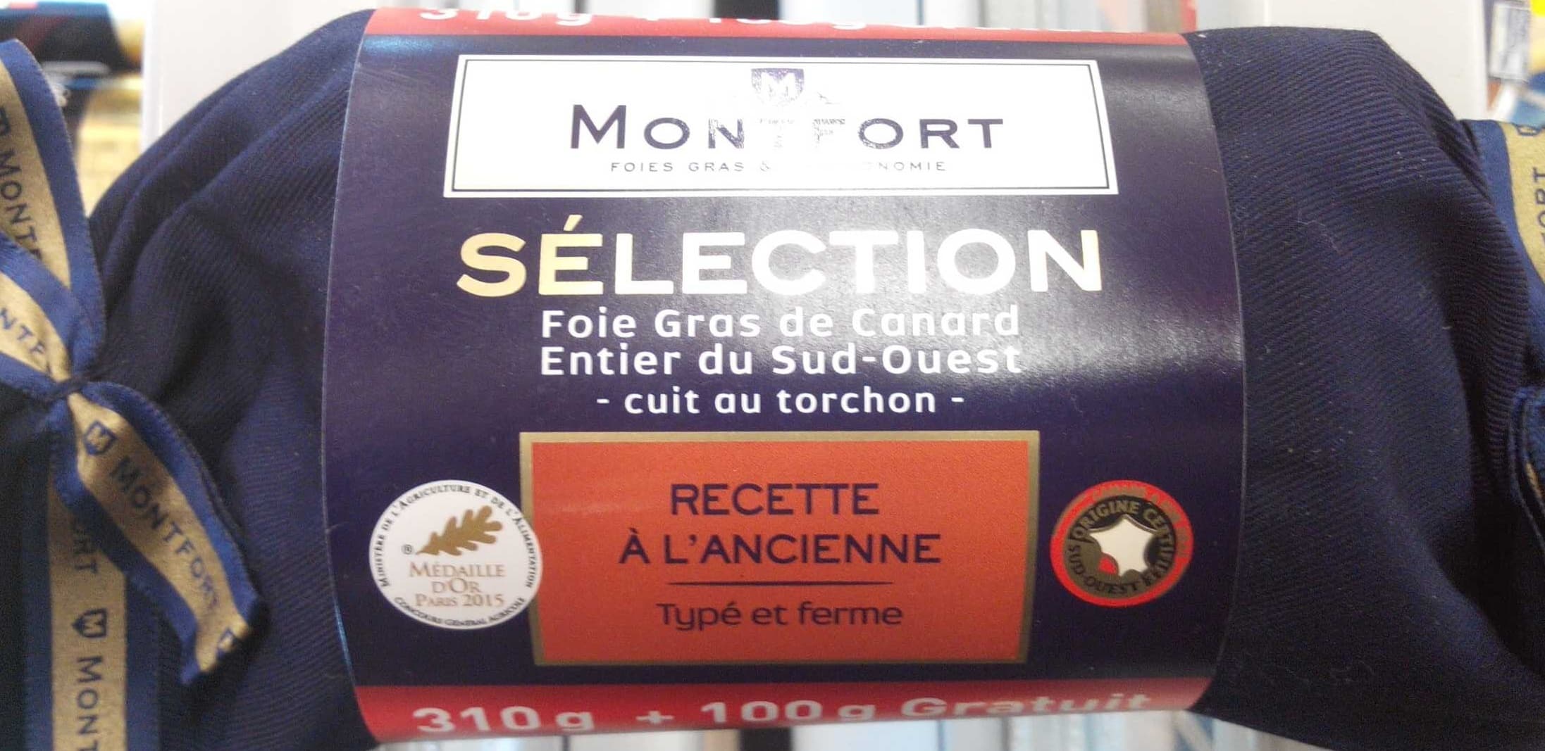 Monfort Foie gras de canard entier du Sud-Ouest cuit au torchon recette à l'ancienne packshot