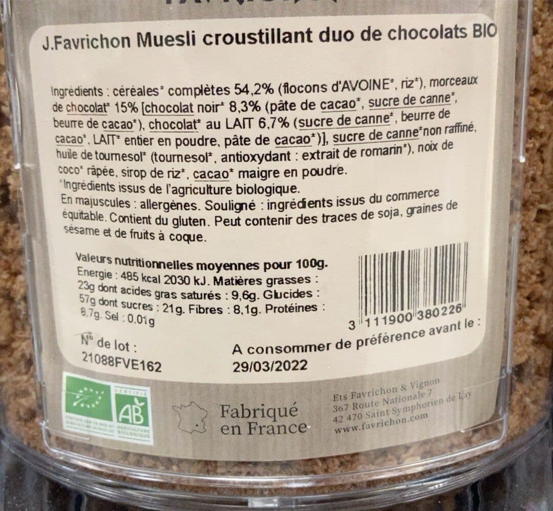 Joseph Favrichon Muesli croustillant duo de chocolats bio Favrichon packshot