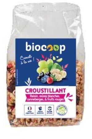Biocoop Muesli croustillant Raisin, mûres blanches, canneberges & fruits rouges packshot