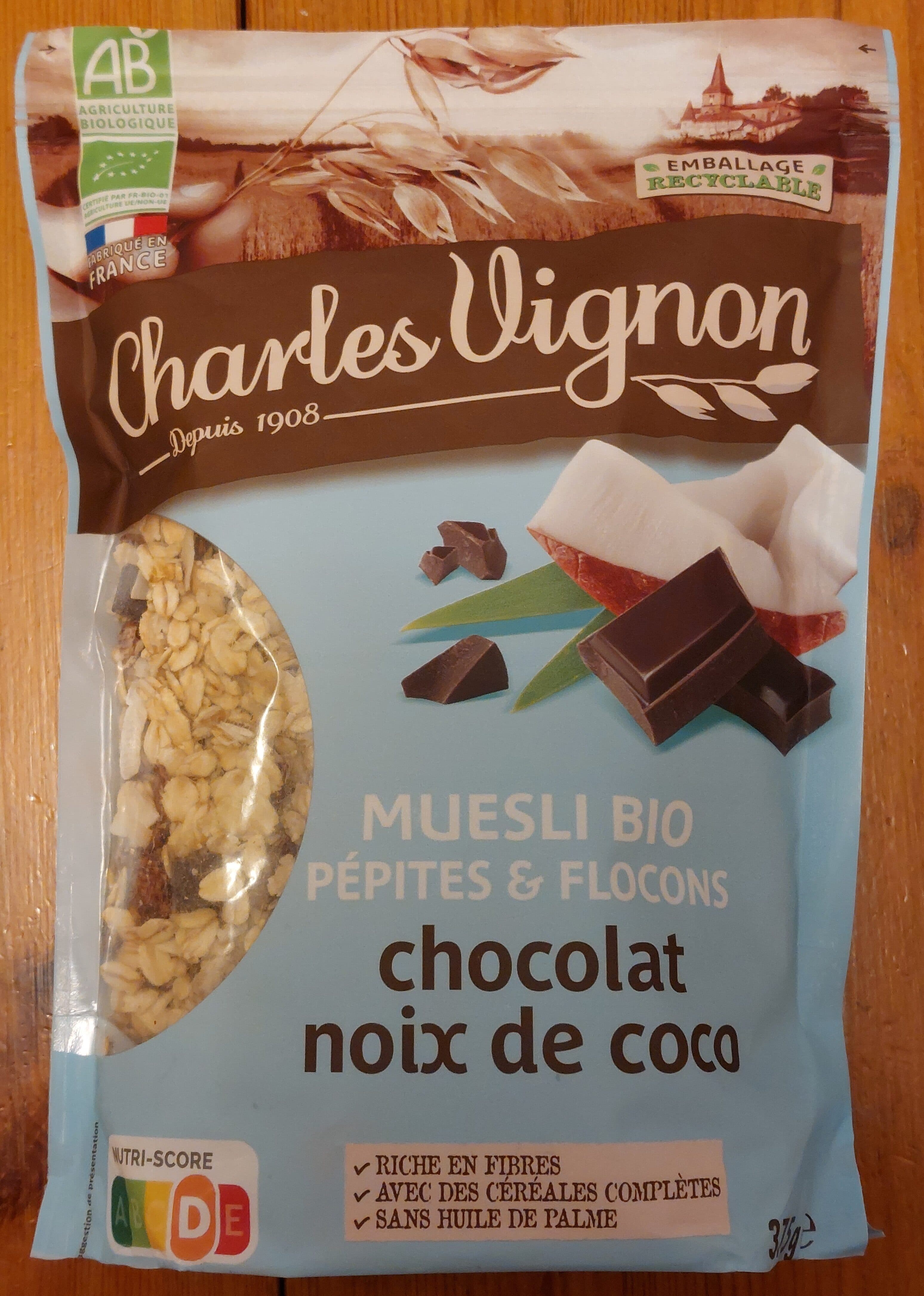 Charles Vignon Muesli bio pépites et flocons chocolat noix de coco packshot