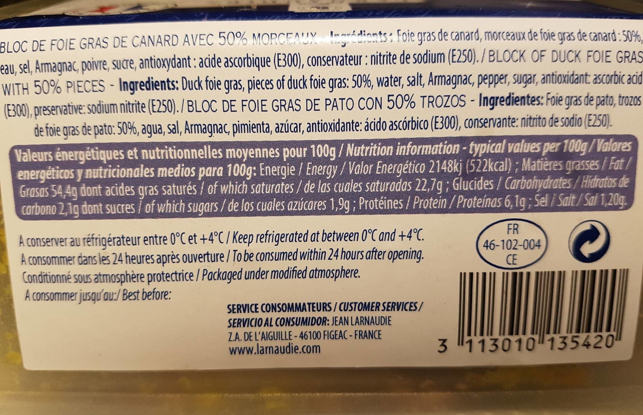 Jean Larnaudie Bloc de foie gras de canard mi-cuit packshot