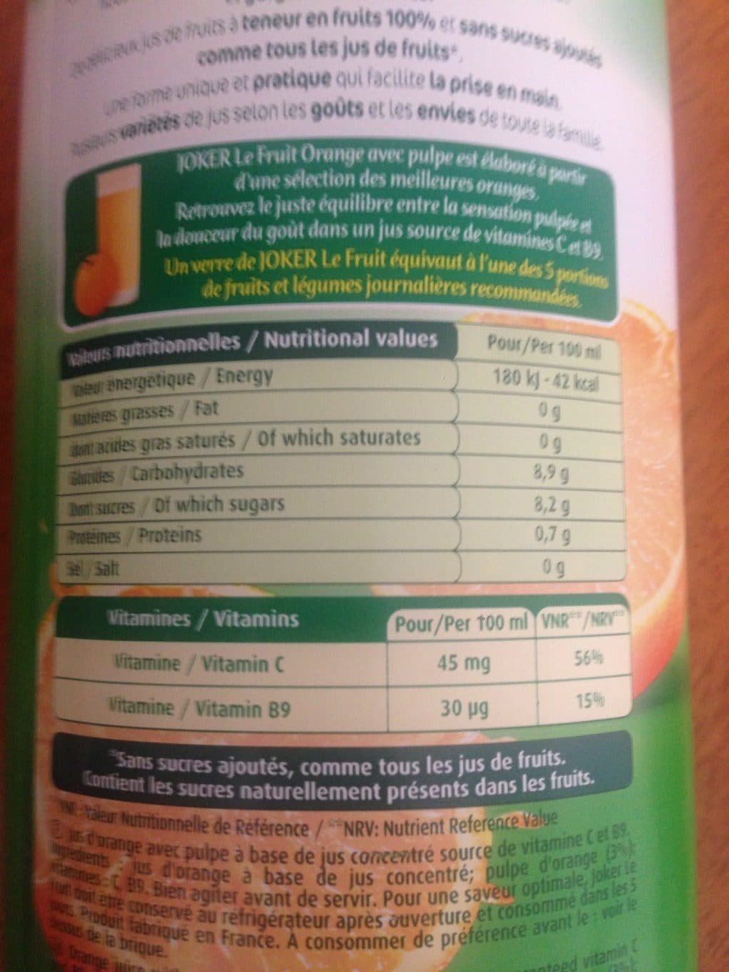 Joker Jus d'orange avec pulpe à base de jus concentré. packshot