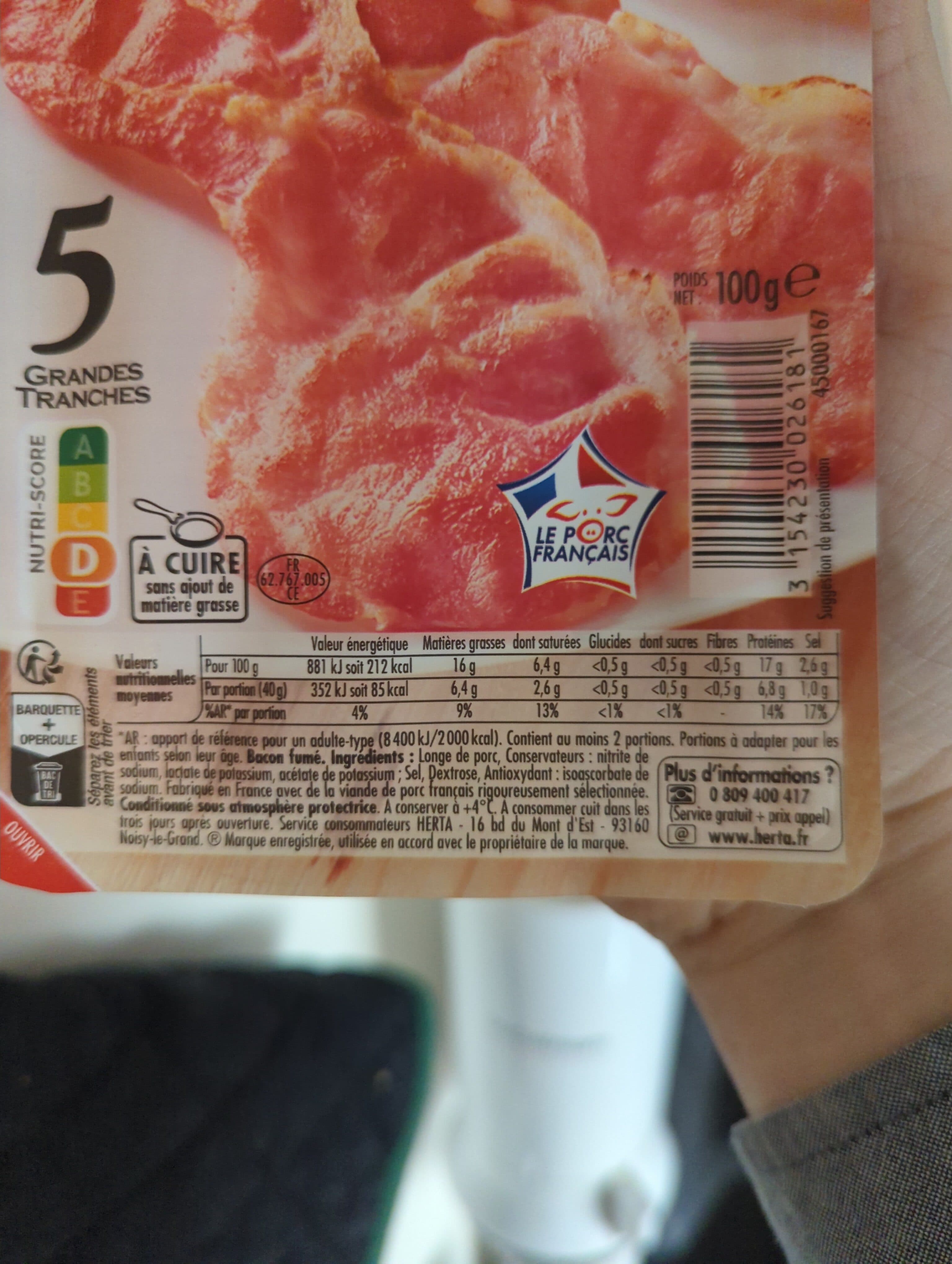 Herta HERTA bacon grandes tranches x5 - 100g packshot