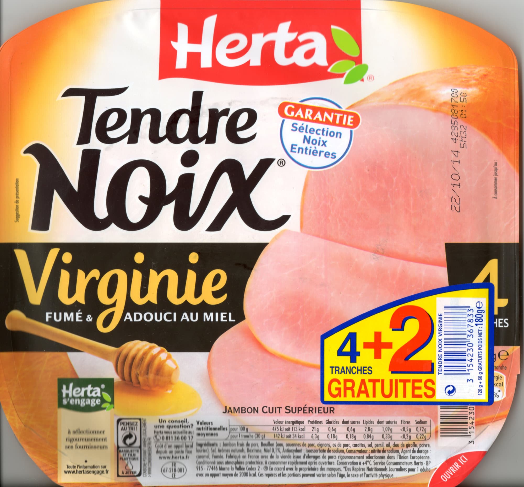 Nestlé Tendre Noix, Virginie Fumé & Adouci au miel (4 Tranches + 2 Gratuites) packshot