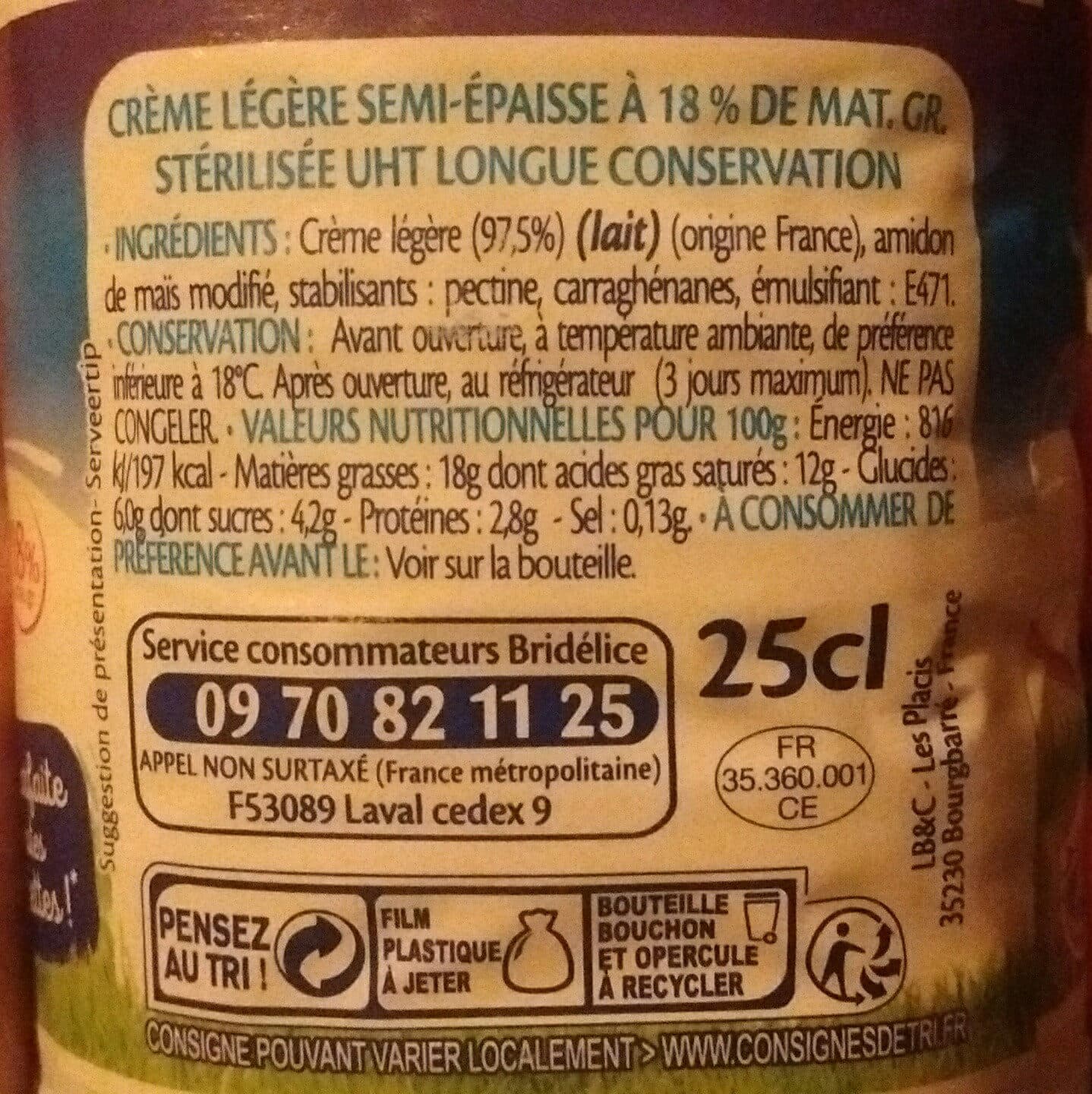 Bridélice Crème Légère Semi Epaisse 18% MG packshot