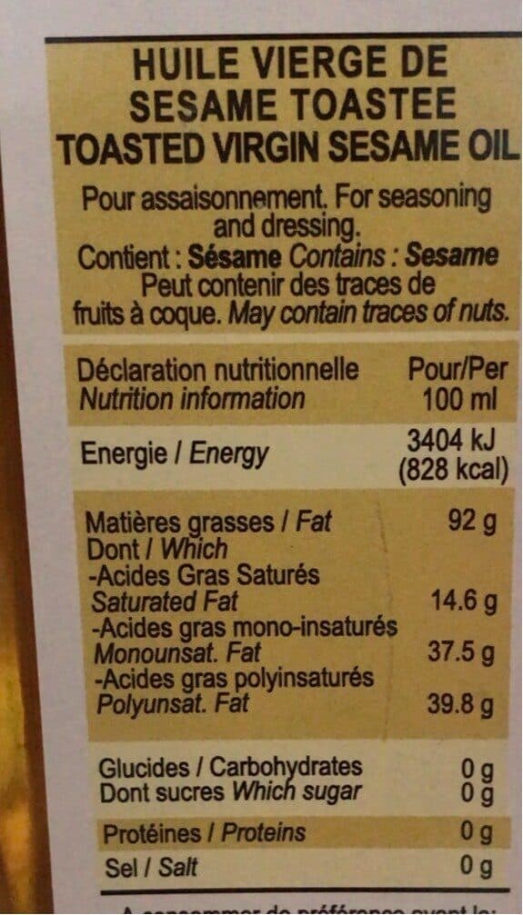 Open Food Facts Huile Vierge de Sésame Toastée packshot