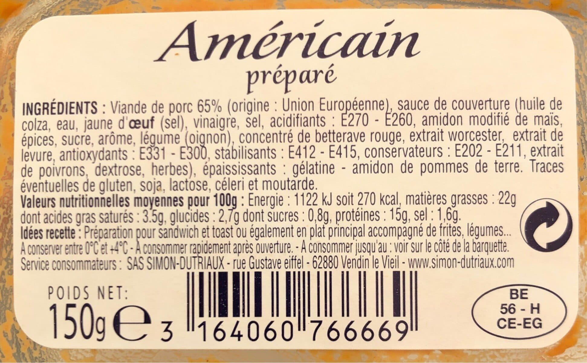 Simon Simon Dutriaux Salade Preparee Americaine 65%Viande 150G packshot