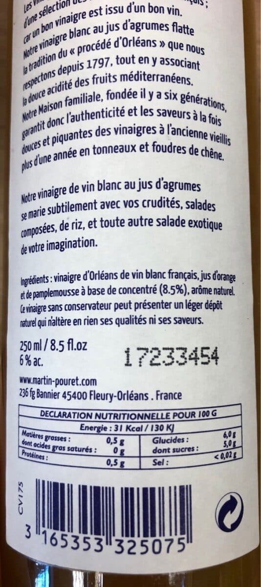 Open Food Facts Vinaigre de vin blanc jus d'agrumes packshot