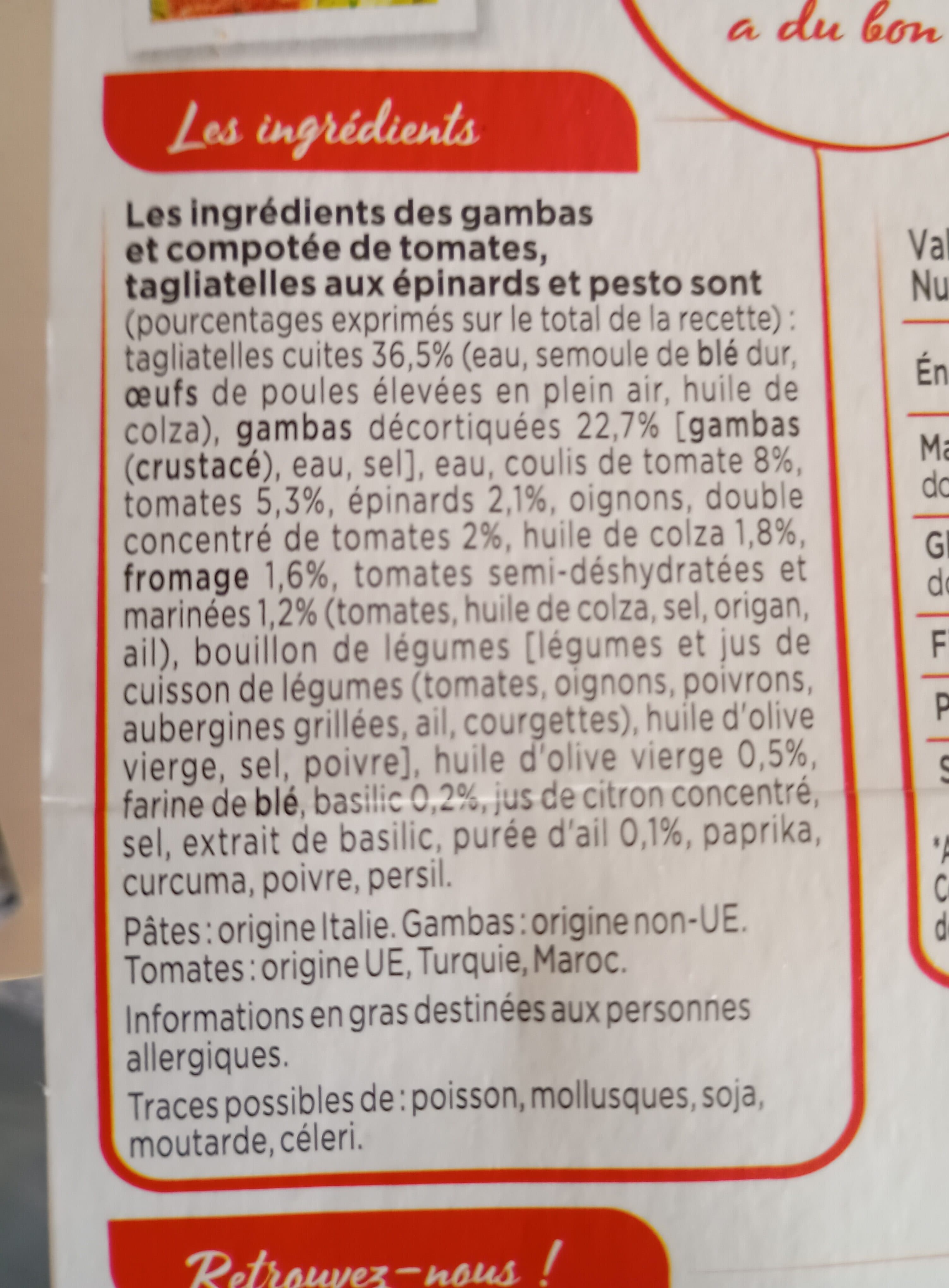 Marie Petites gambas compotée de tomates Tagliatelles au pesto packshot