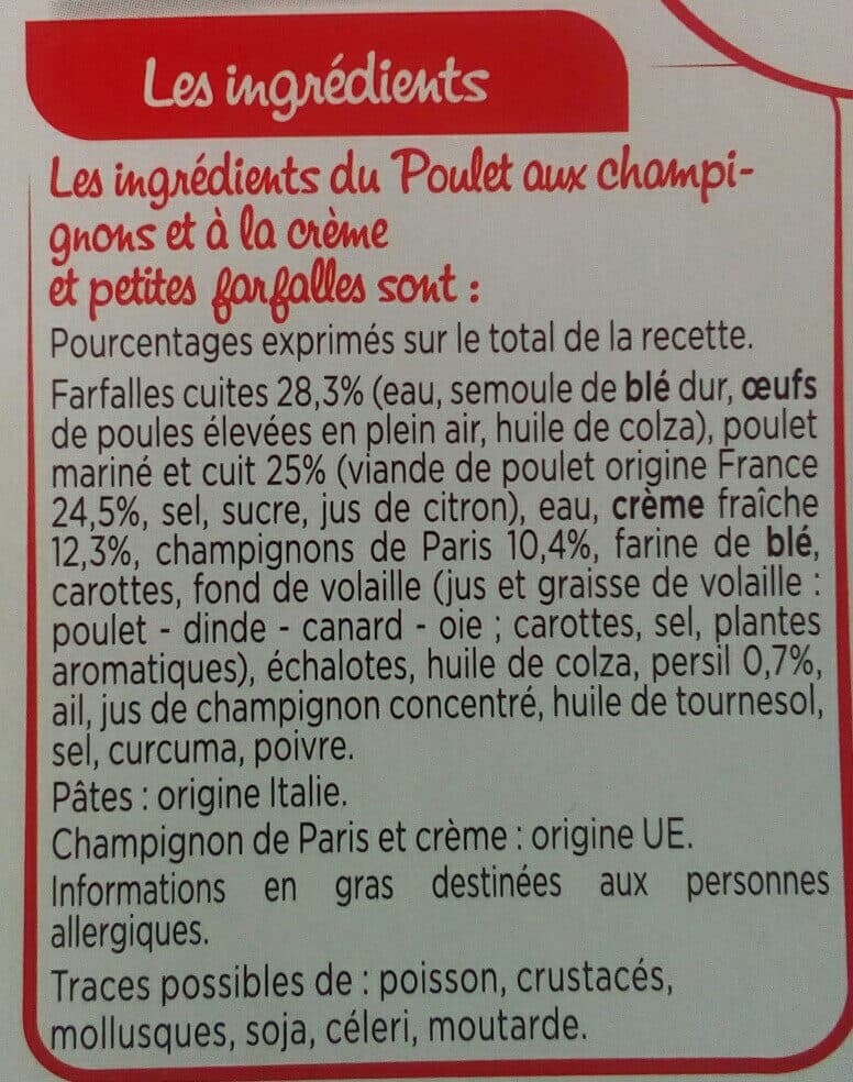 Marie Poulet à la crème et aux champignons, farfalles packshot