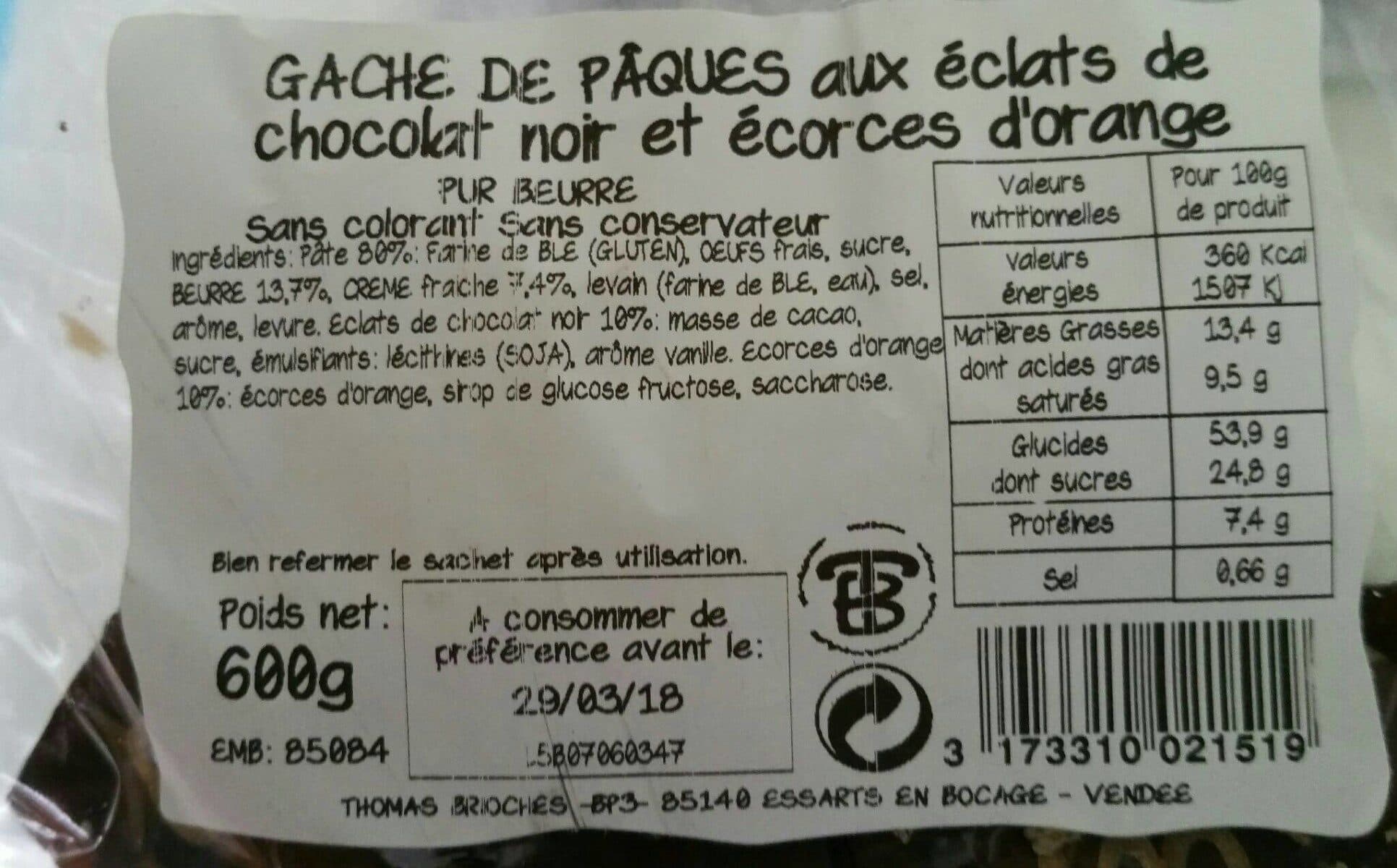 Open Food Facts Gache de pâques aux éclats de chocolat noir et écorces d'orange packshot