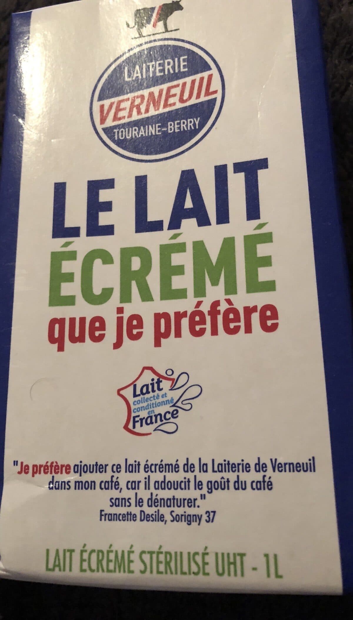 Laiterie coopérative vernueil en touraine Lait écrémé packshot