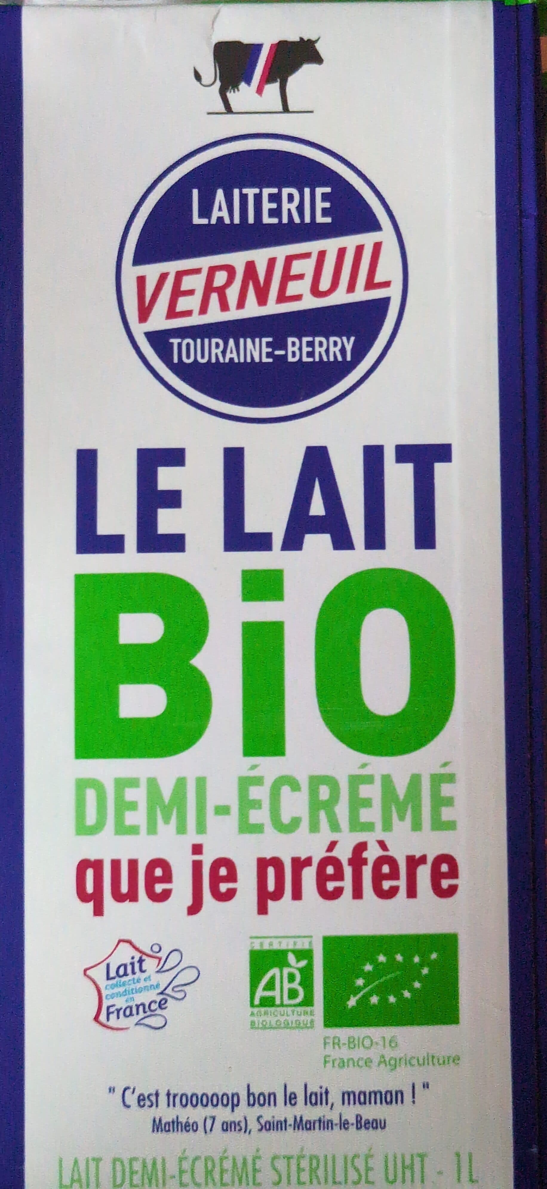 Laiterie Verneuil Lait demi-écrémé Bio packshot