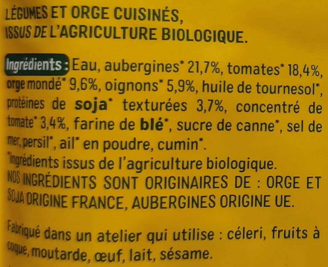 Céréal Bio Compotée d'aubergines, tomates, orge et soja packshot