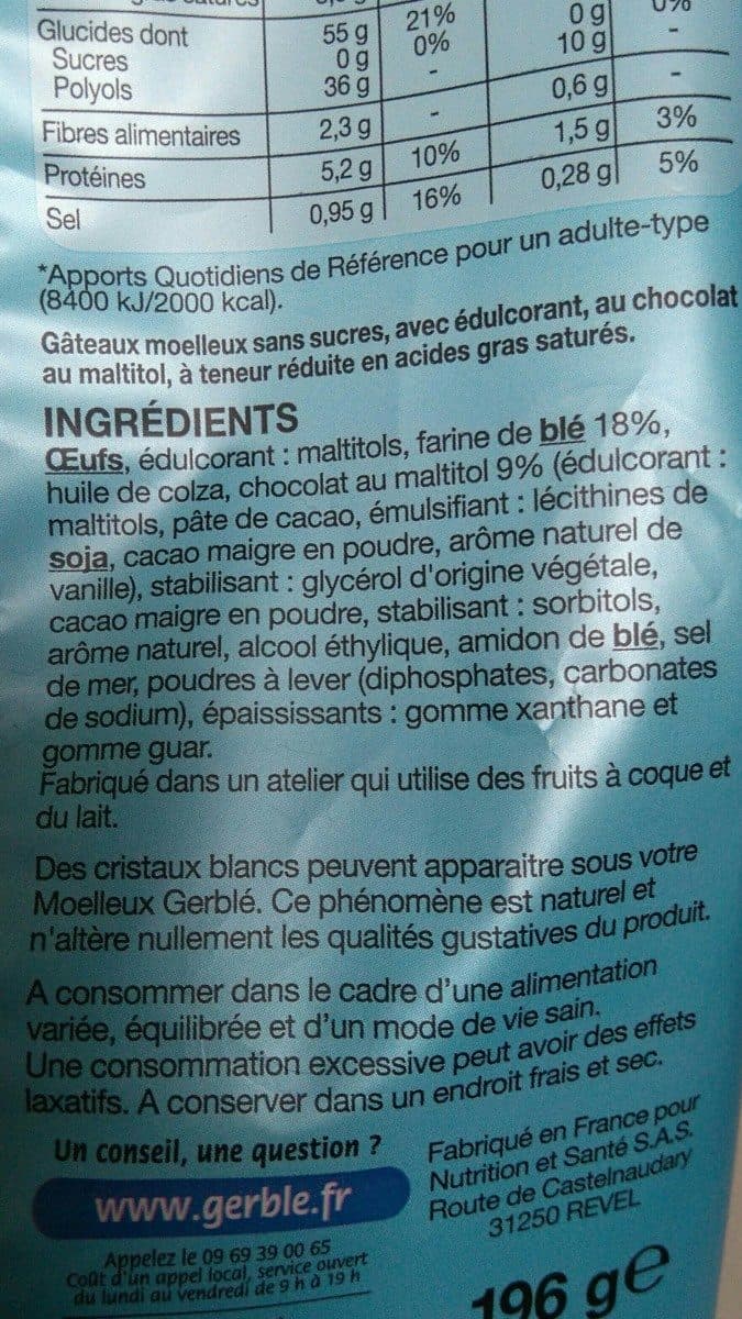 Gerblé Moelleux chocolat sans sucre packshot