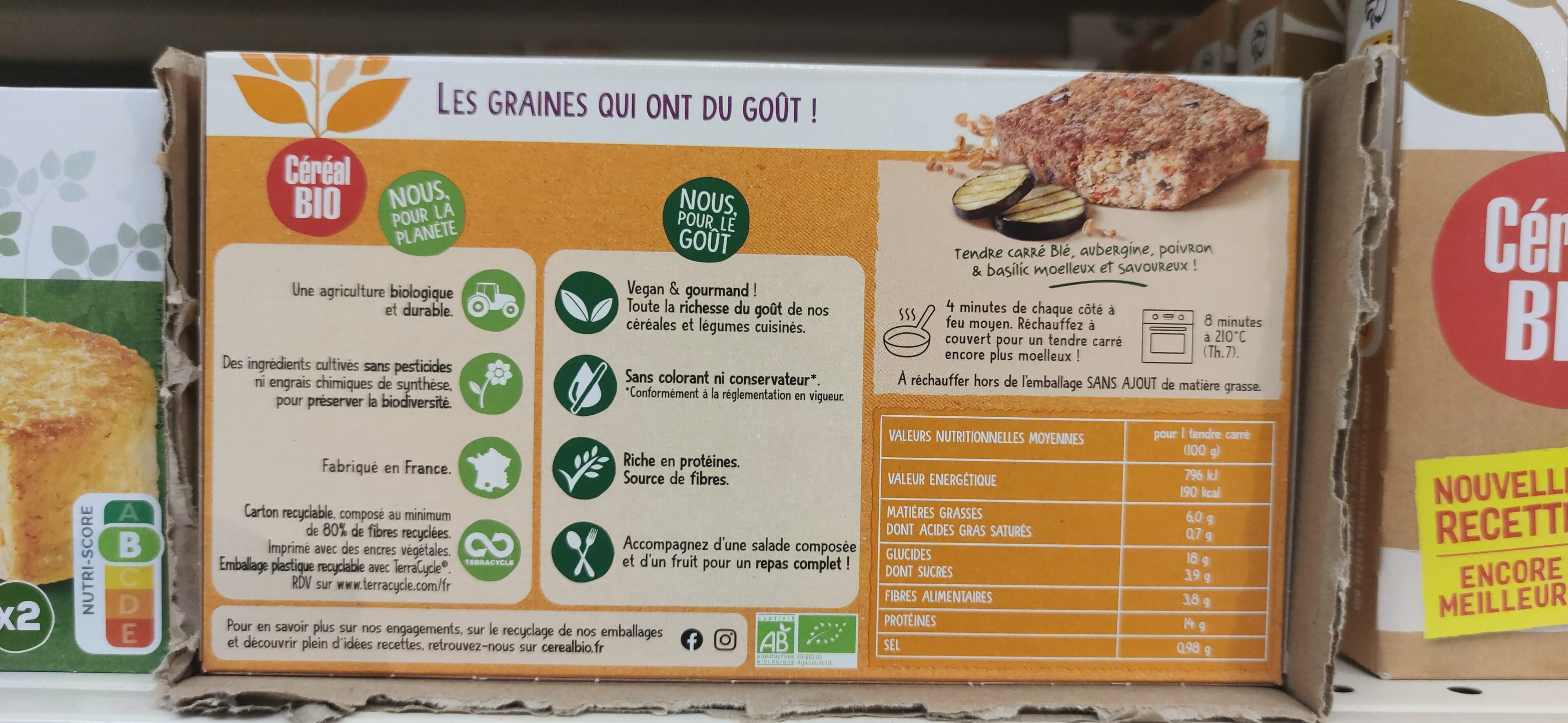 Céréal bio Tendres carrés de blé aux aubergine, poivron, basilic packshot