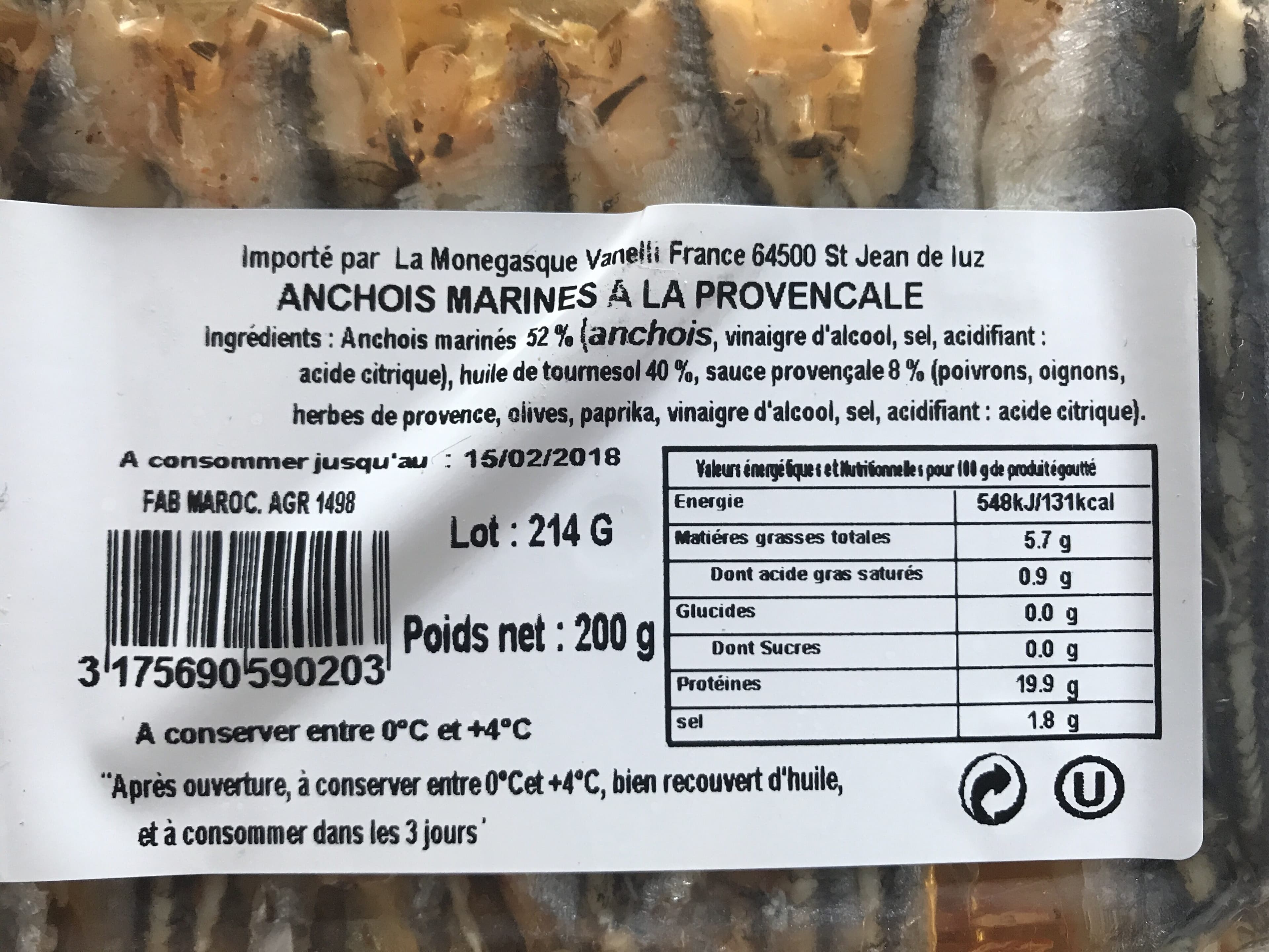 La monegasque vanelli Filet d'anchois marinés à la provencale, élaboré au Maroc, barquette de packshot