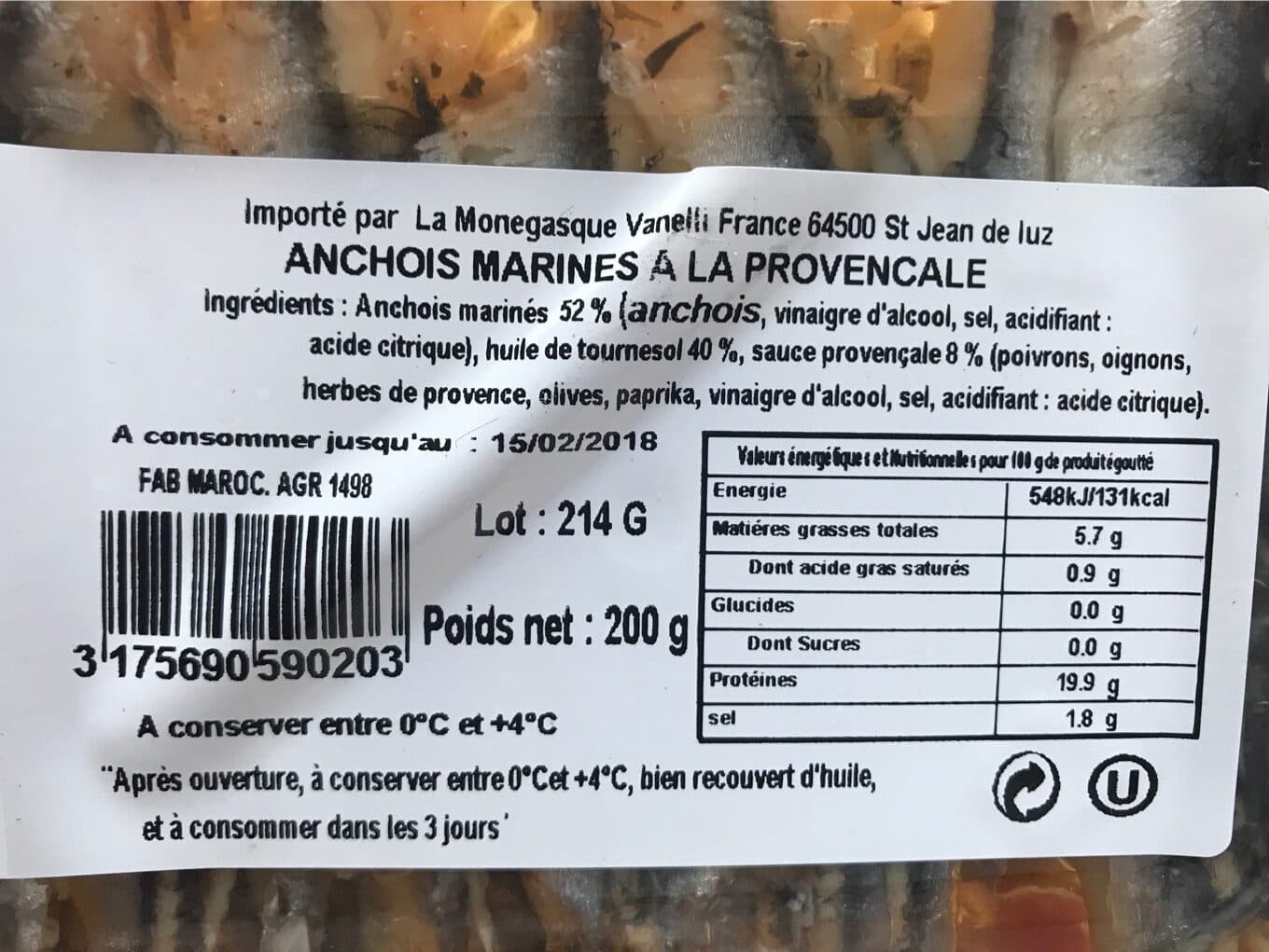 La monegasque vanelli Filet d'anchois marinés à la provencale, élaboré au Maroc, barquette de packshot