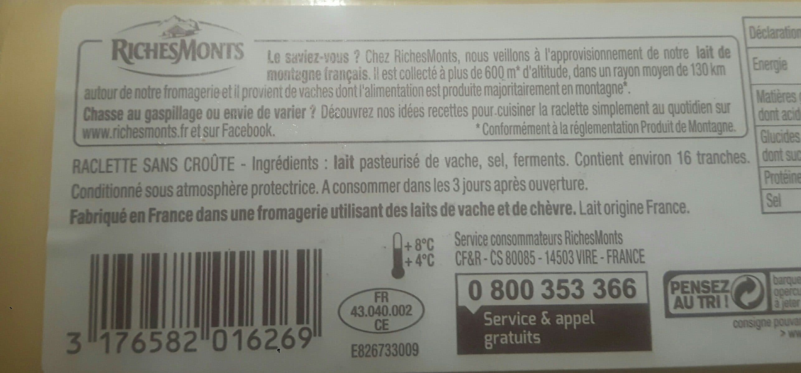 RichesMonts La raclette - sans croute, 16 tranches packshot