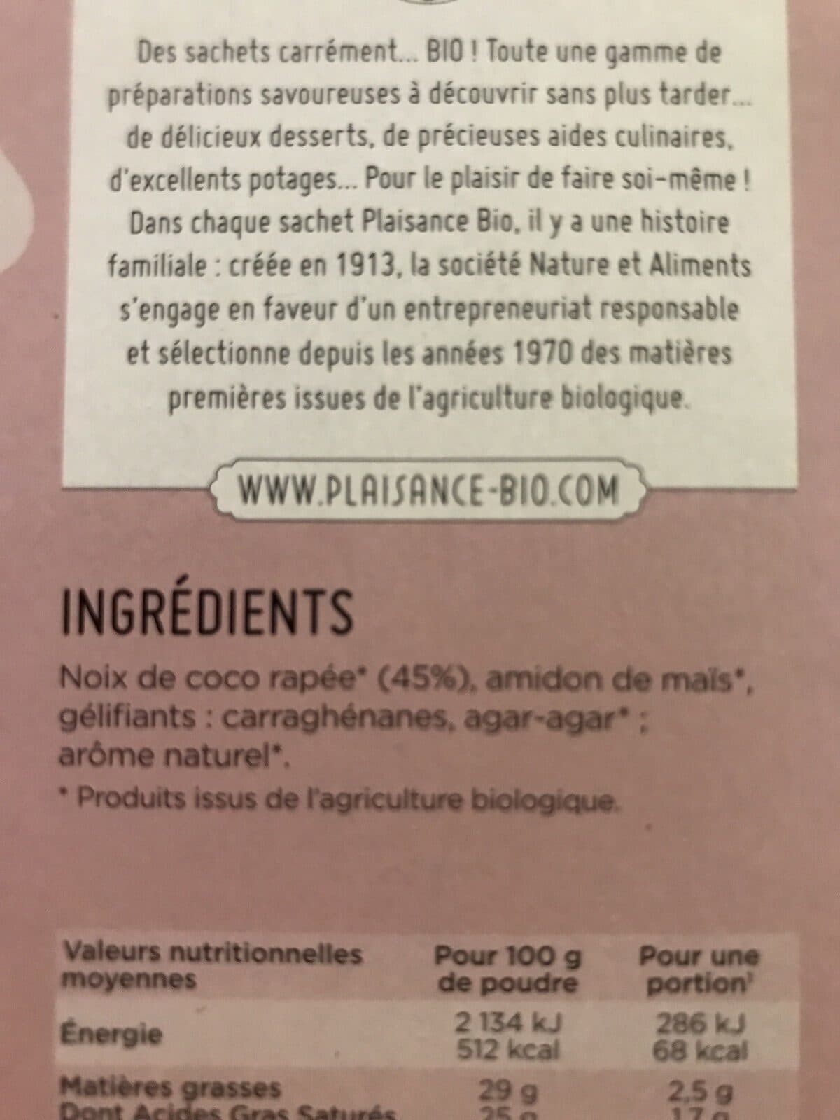 Plaisance Bio Entremets sans Sucres Ajoutés Noix de Coco packshot