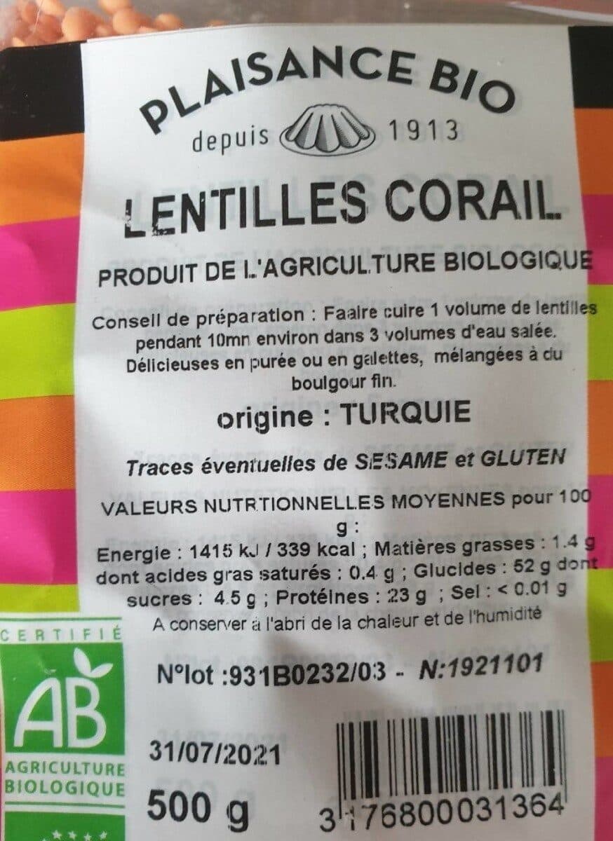 Plaisance Bio Lentilles Corail packshot