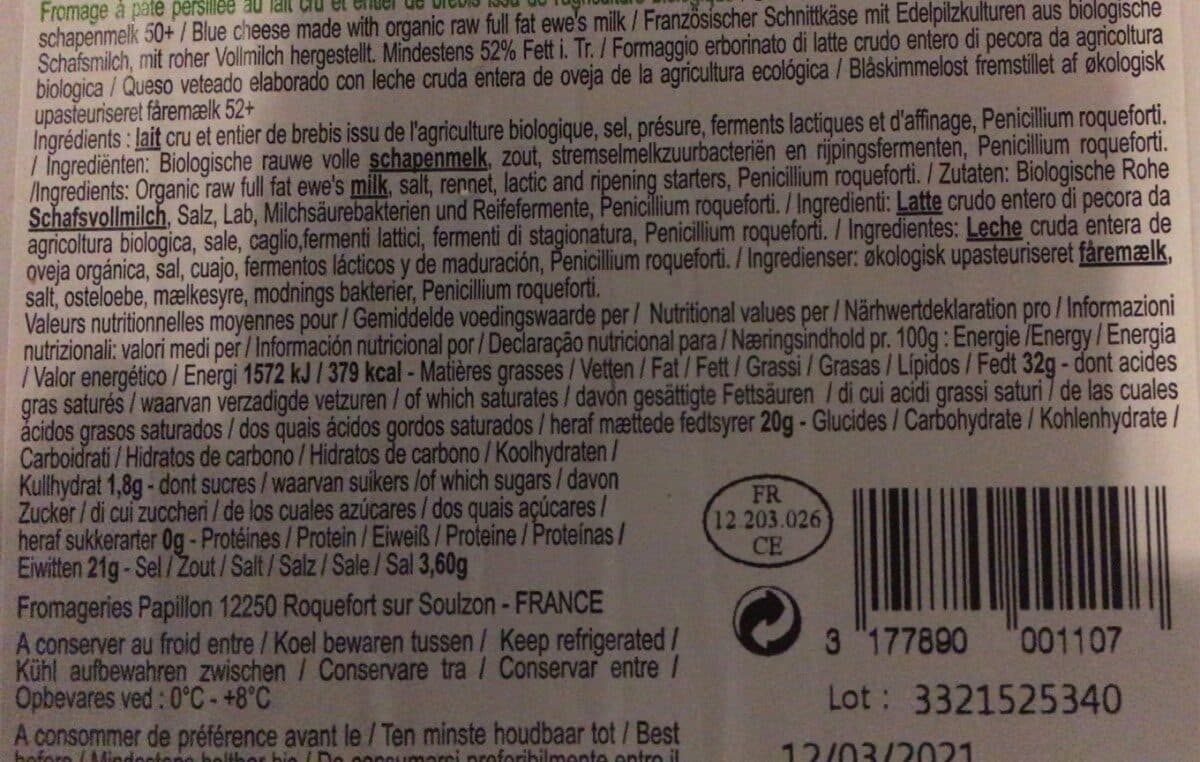 Papillon Roquefort le Bio packshot