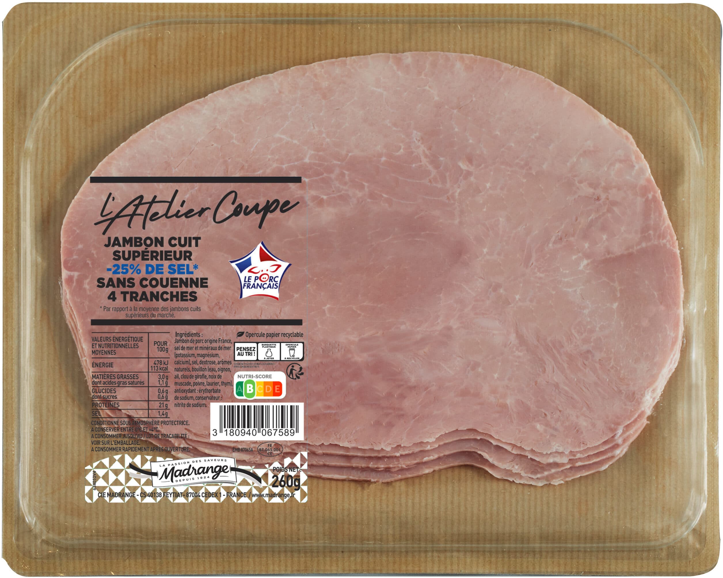 Madrange Jambon cuit supérieur sans couenne -25% de sel* VPF 4tr packshot