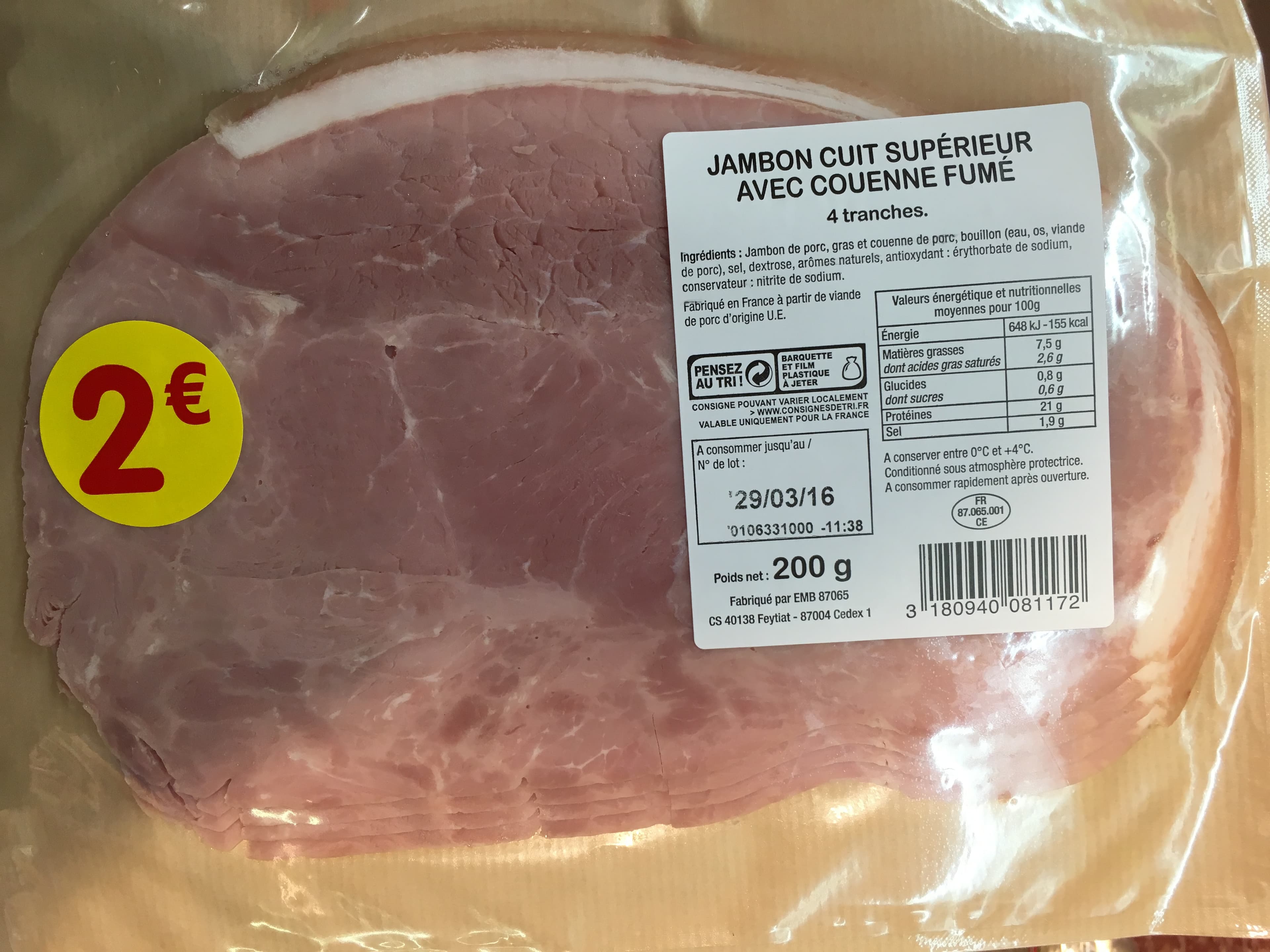 Sans marque Jambon cuit supérieur avec couenne fumé packshot