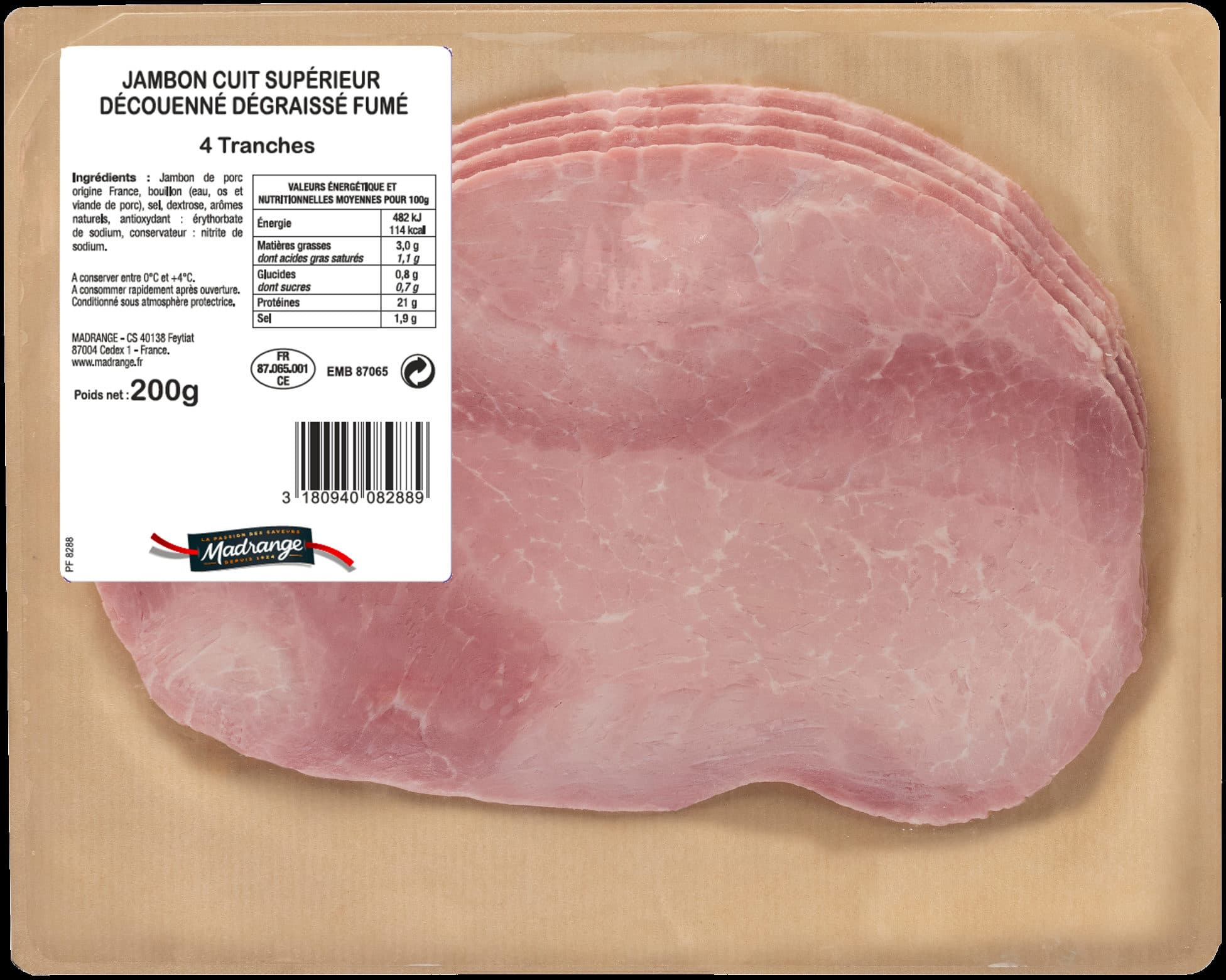 Madrange Jambon cuit supérieur découenné dégraissé fumé 4tr packshot