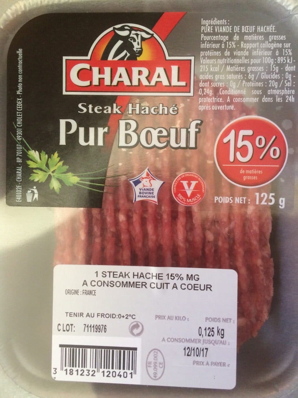Charal Steak Hache 15%% 1X125G Ls, packshot