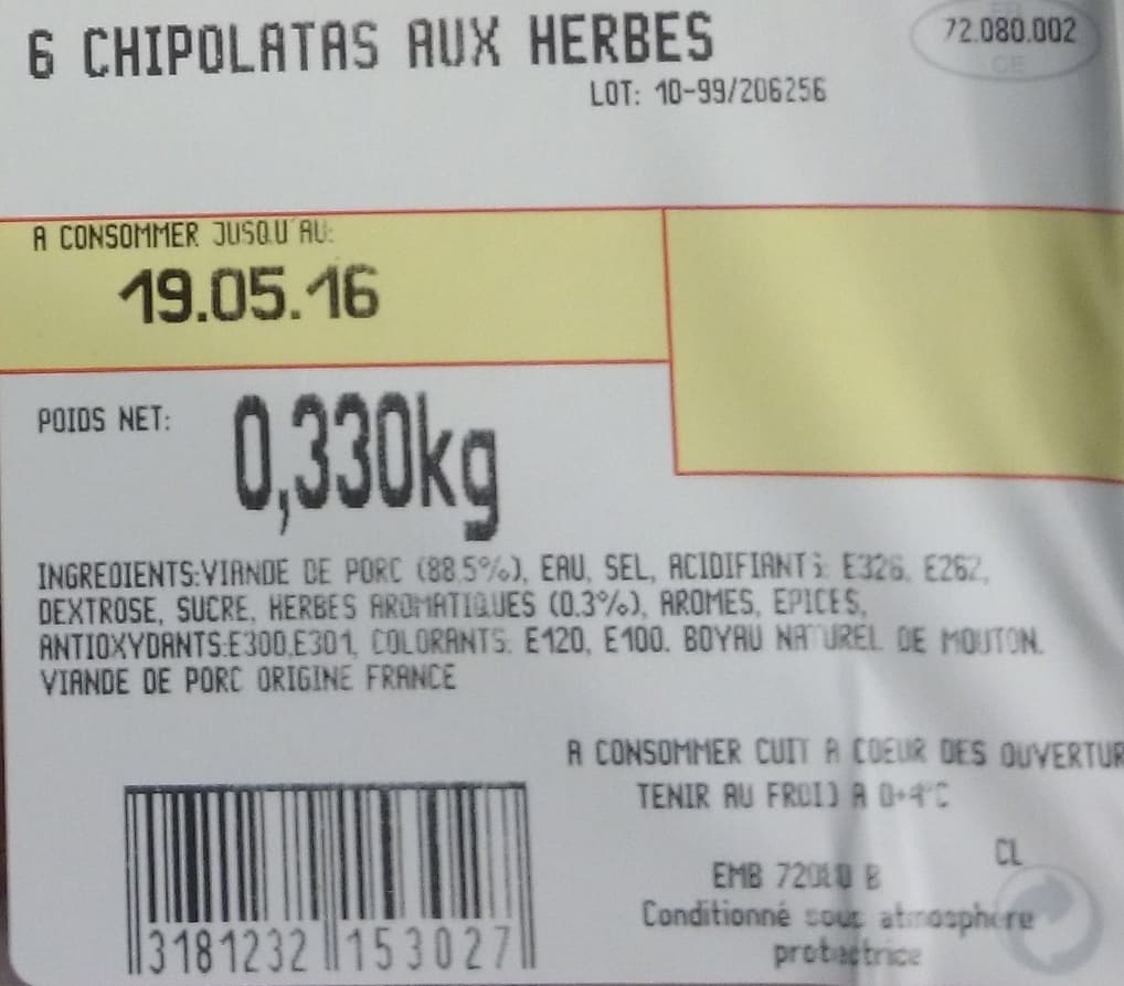 Leader Price Chipolatas aux Herbes packshot