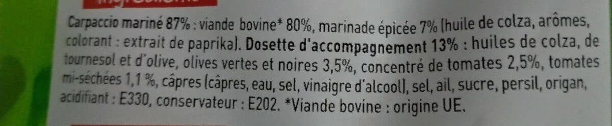 Charal Carpaccio de viande bovine marinée et sa dosette d'accompagnement. packshot