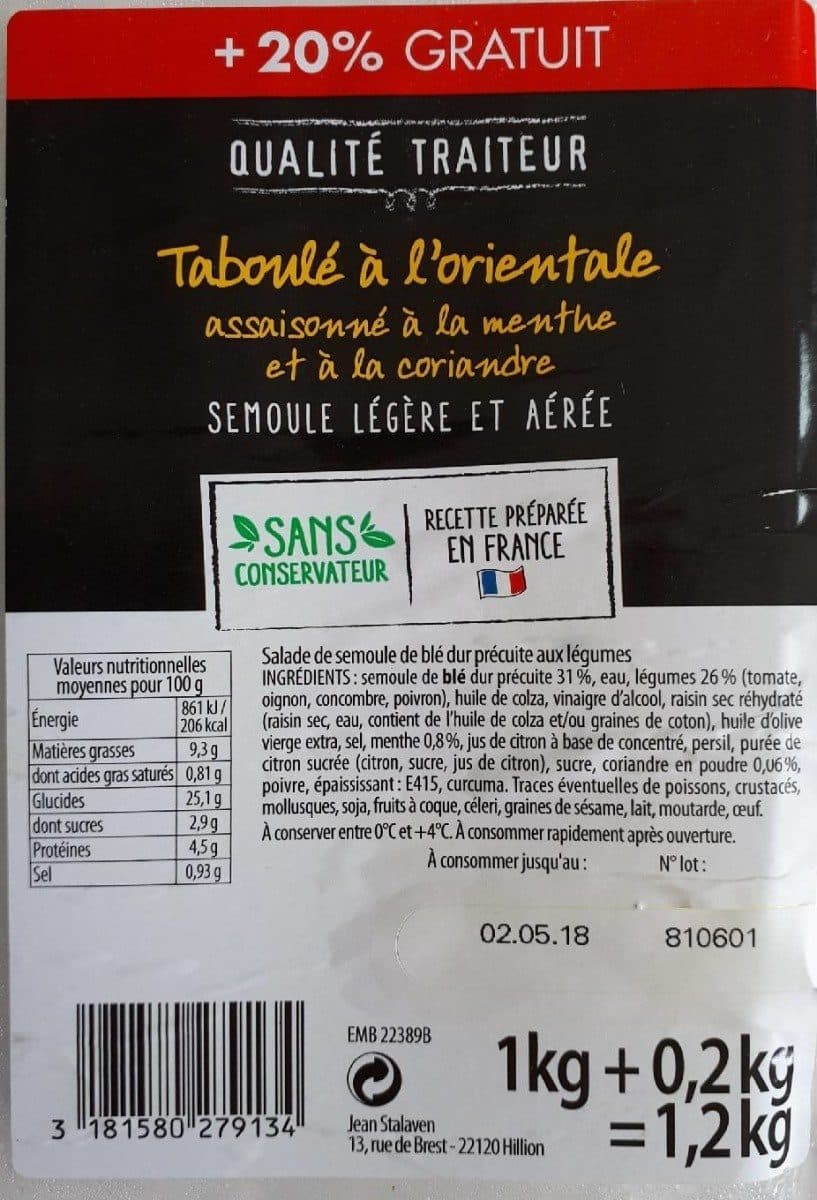 Sans marque Taboulé à l'orientale (+20% gratuit) packshot