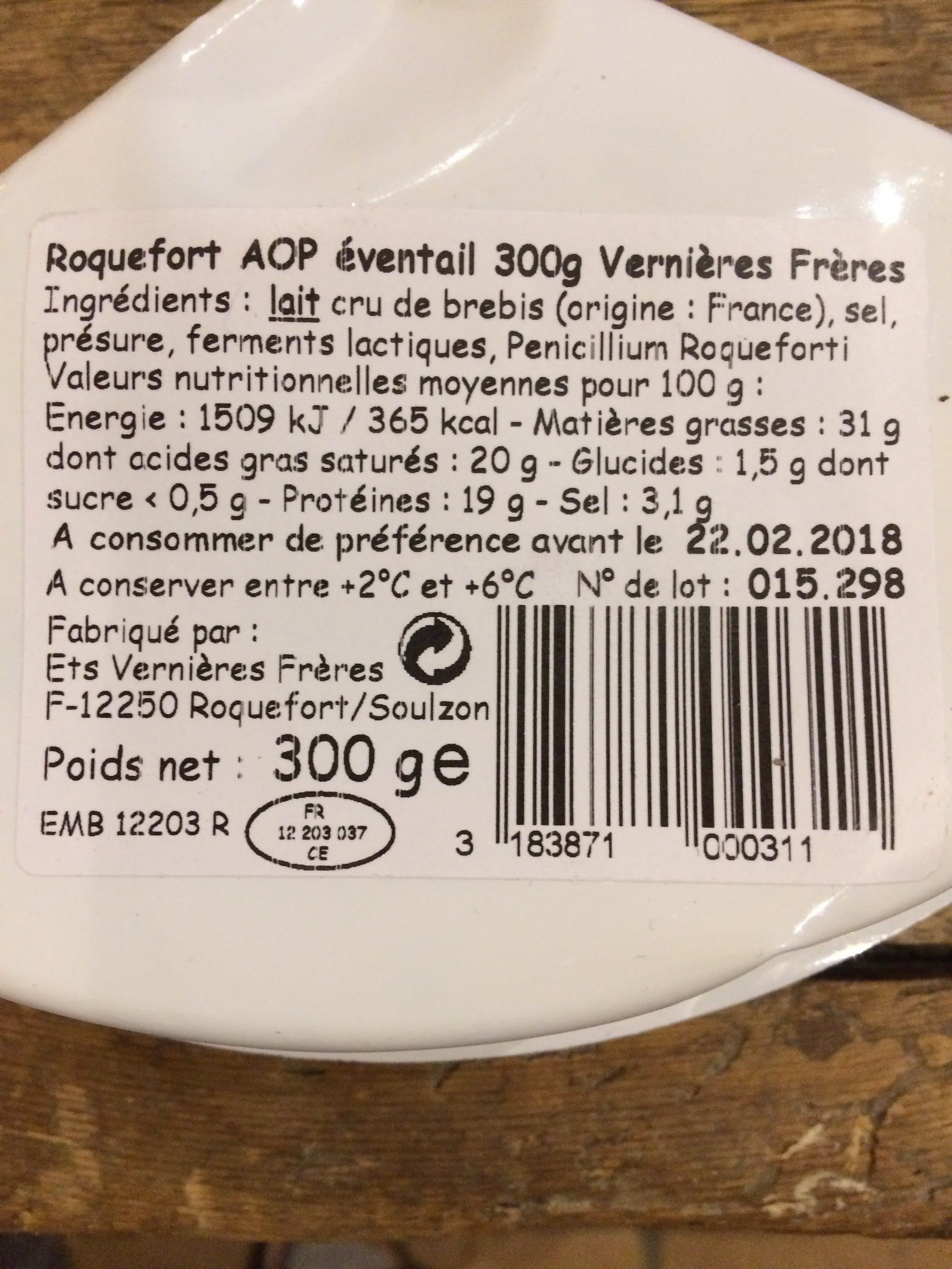 VERNIERES FRERES Roquefort AOP lait cru de brebis 30%MG Vernières packshot