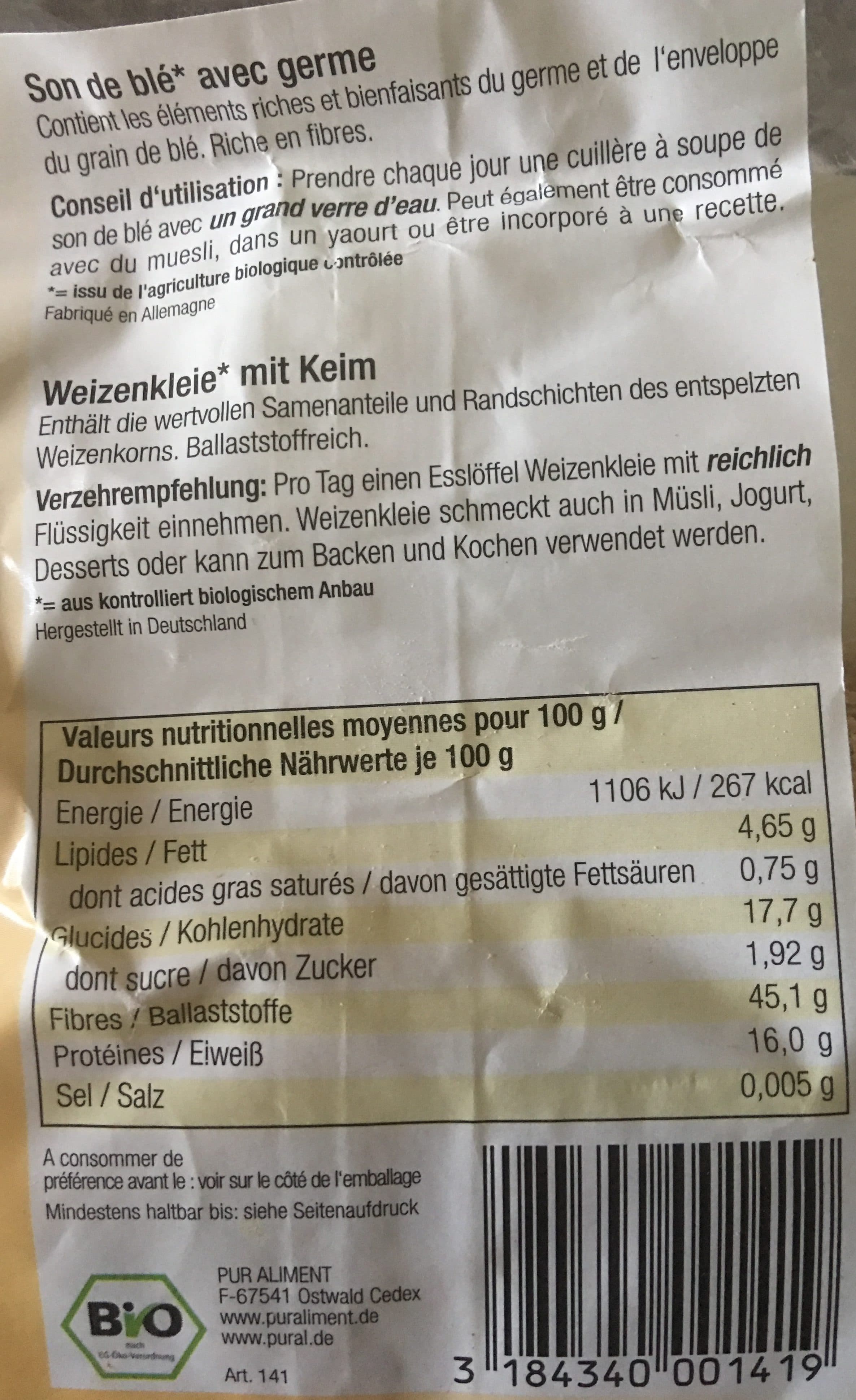 PURAL Son De Blé Bio - 200G - Pural packshot