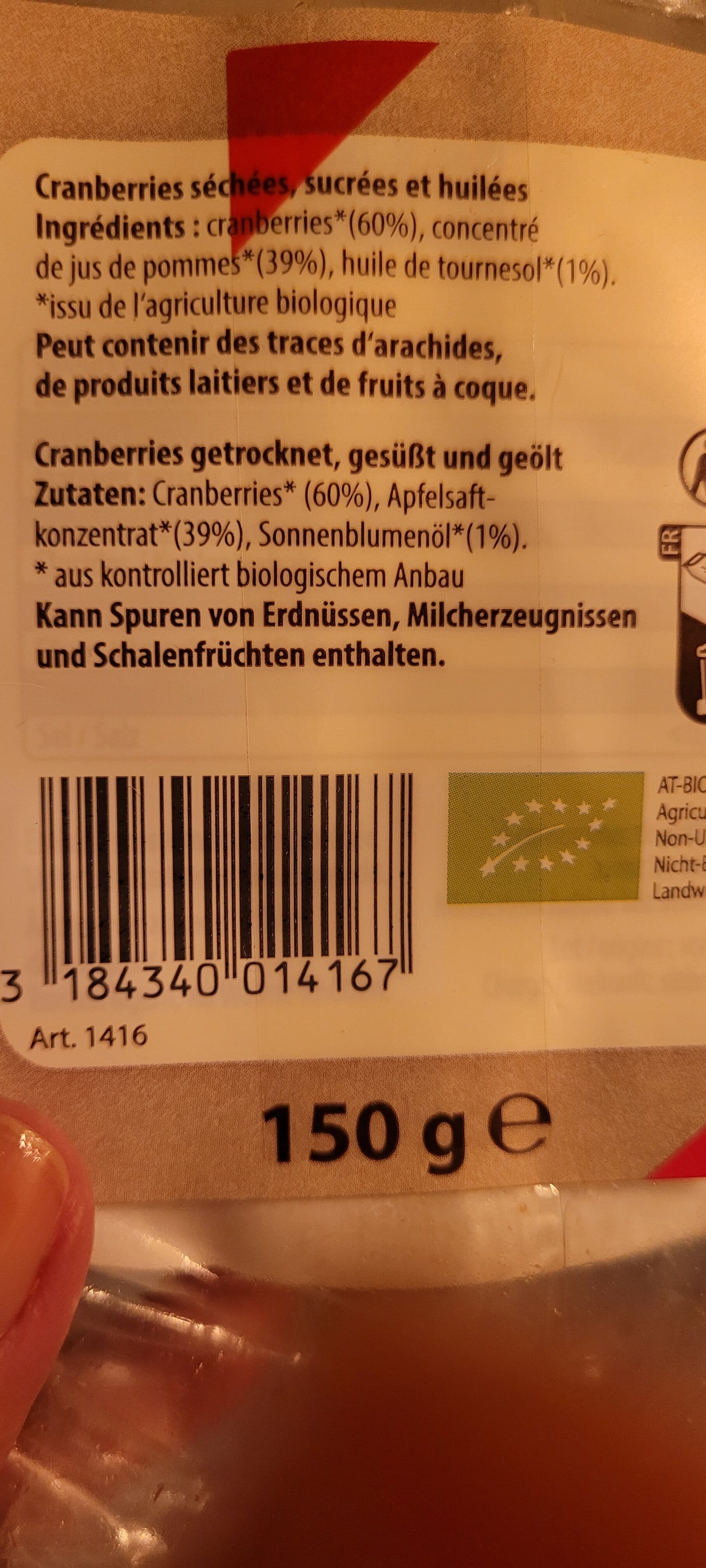 Pural Cranberries séchées sucrées et huilées Bio packshot