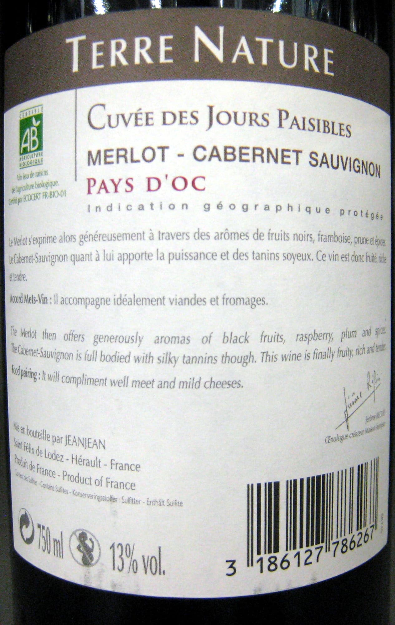 Cuvée des Jours Paisibles Merlot Cabernet Sauvignon Pays d'Oc 2011 IGP Bio Cuvée des Jours Paisibles packshot