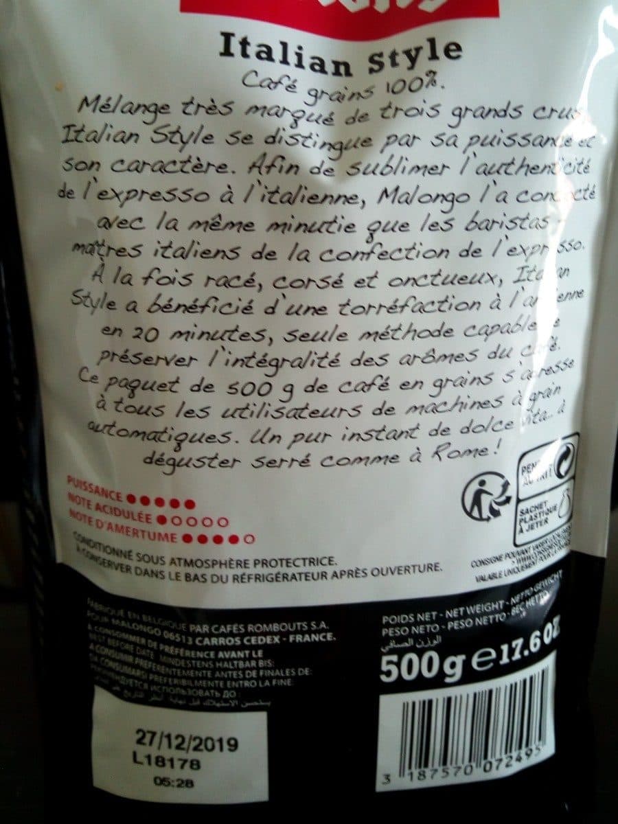 Malongo 500G Cafe Grains Italien Style Malongo packshot